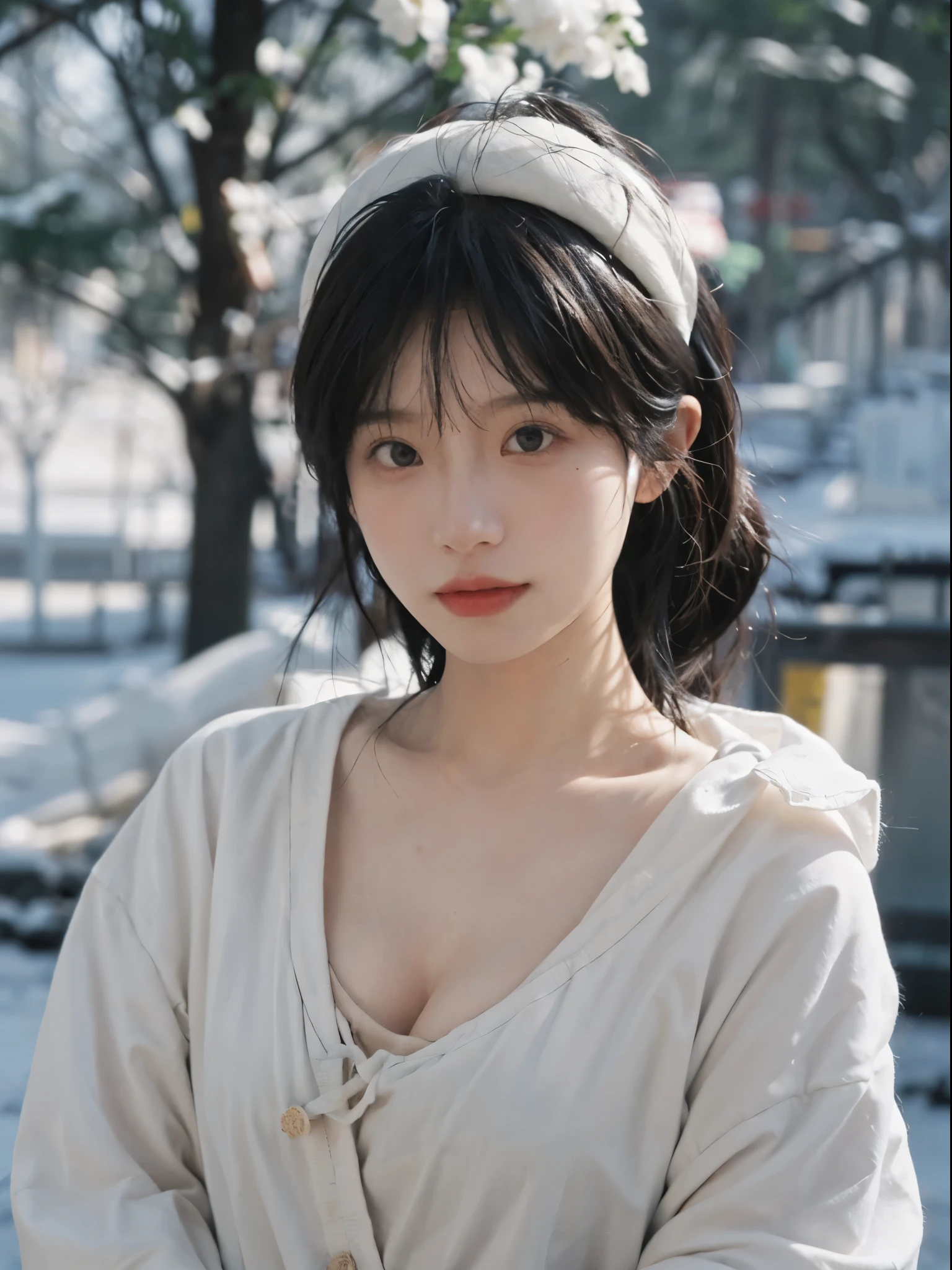 Best quality， 超高分辨率， white backgrounid，（realistically：1.4）， girl， A pair of eyes as clear as snow,Imperial sister，Black long straight， looking at viewert， closeup cleavage ，