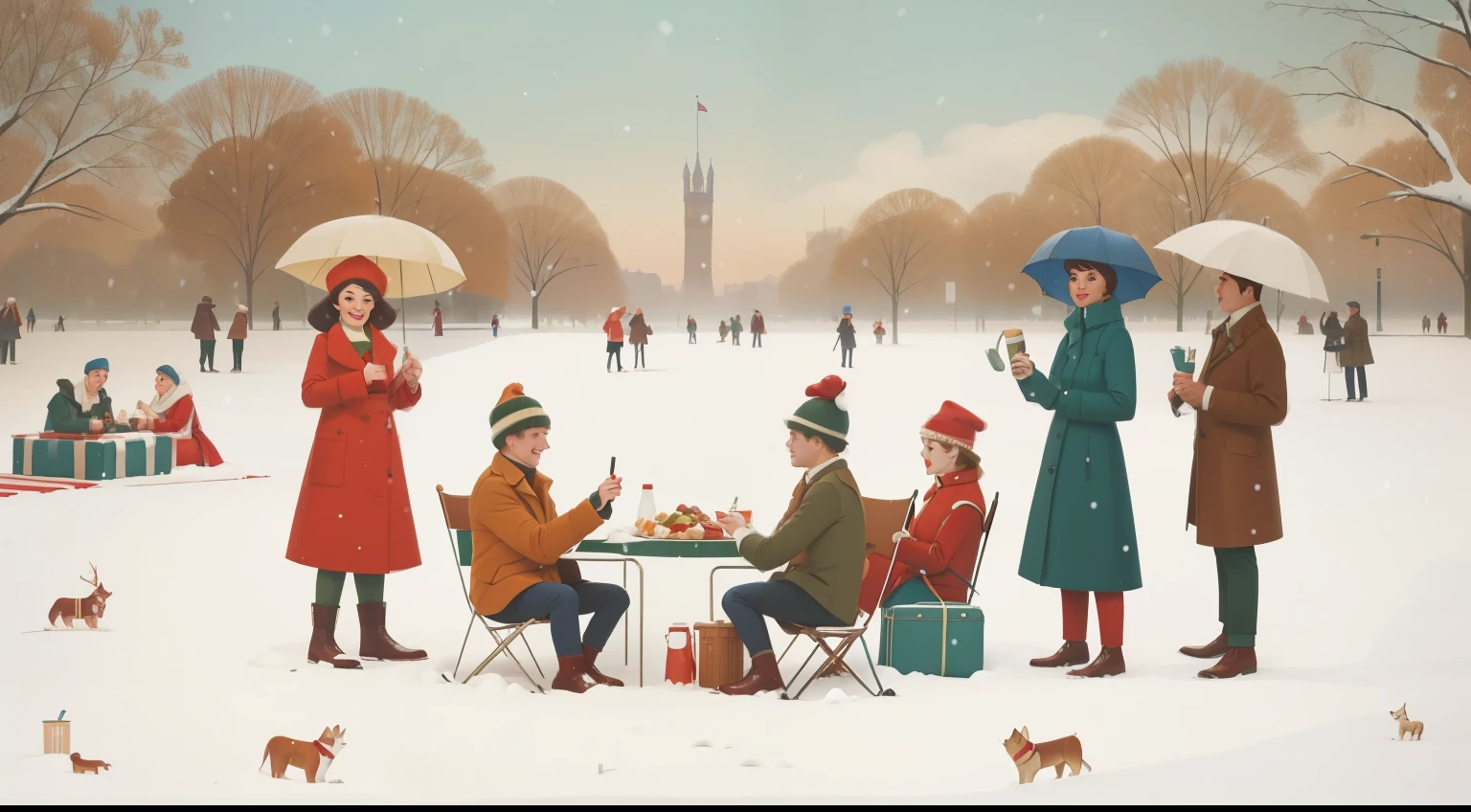 Year: 2023. Activity: Winter Picnic in Hyde Park, London.

Description: In a perfectly centered composition, characters dressed in Anderson-esque retro winter wear enjoy a picnic amid the snow. Quirky details like colorful umbrellas and vintage thermoses add Anderson's signature touch.