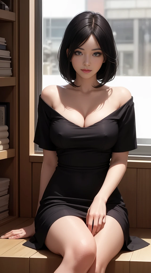(best quality,realistic:1.2),intense gaze,seductive eyes,short black hair,elegant office dress,breast-exposing,professional attire,confident expression,subtle smile,powerful presence,sharp focus,soft lighting,vivid colors,warm color tones,subtle shadows,impeccable details,realistic skin texture,ariola,spread legs