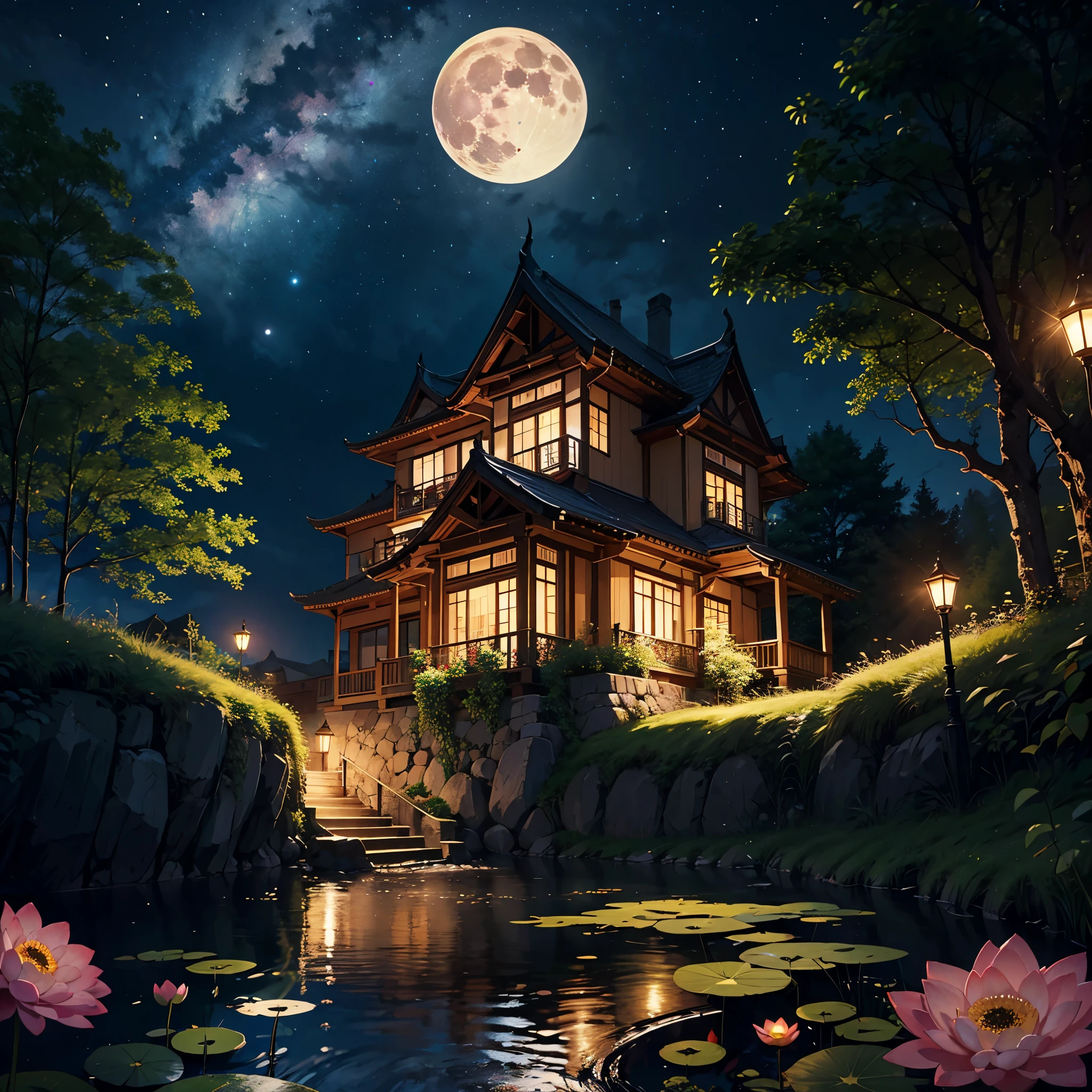 Best Quality、masutepiece、8K、nighttime scene、lotuses:3、(fullmoon、starrysky)、the woods、bog