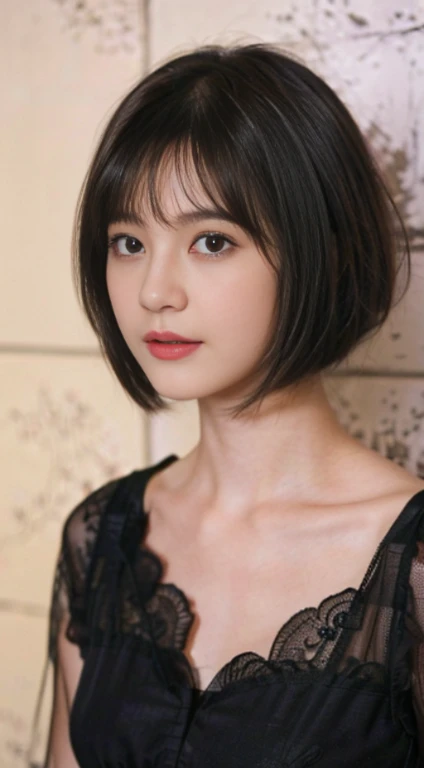 21
(Shorthair:1.3), (a 20 yo woman), (A hyper-realistic), (masutepiece), (8KUHD), Focus on the face, (The walls of the room are fractal design:1.23)、cleavage of the breast、Lace camisole
