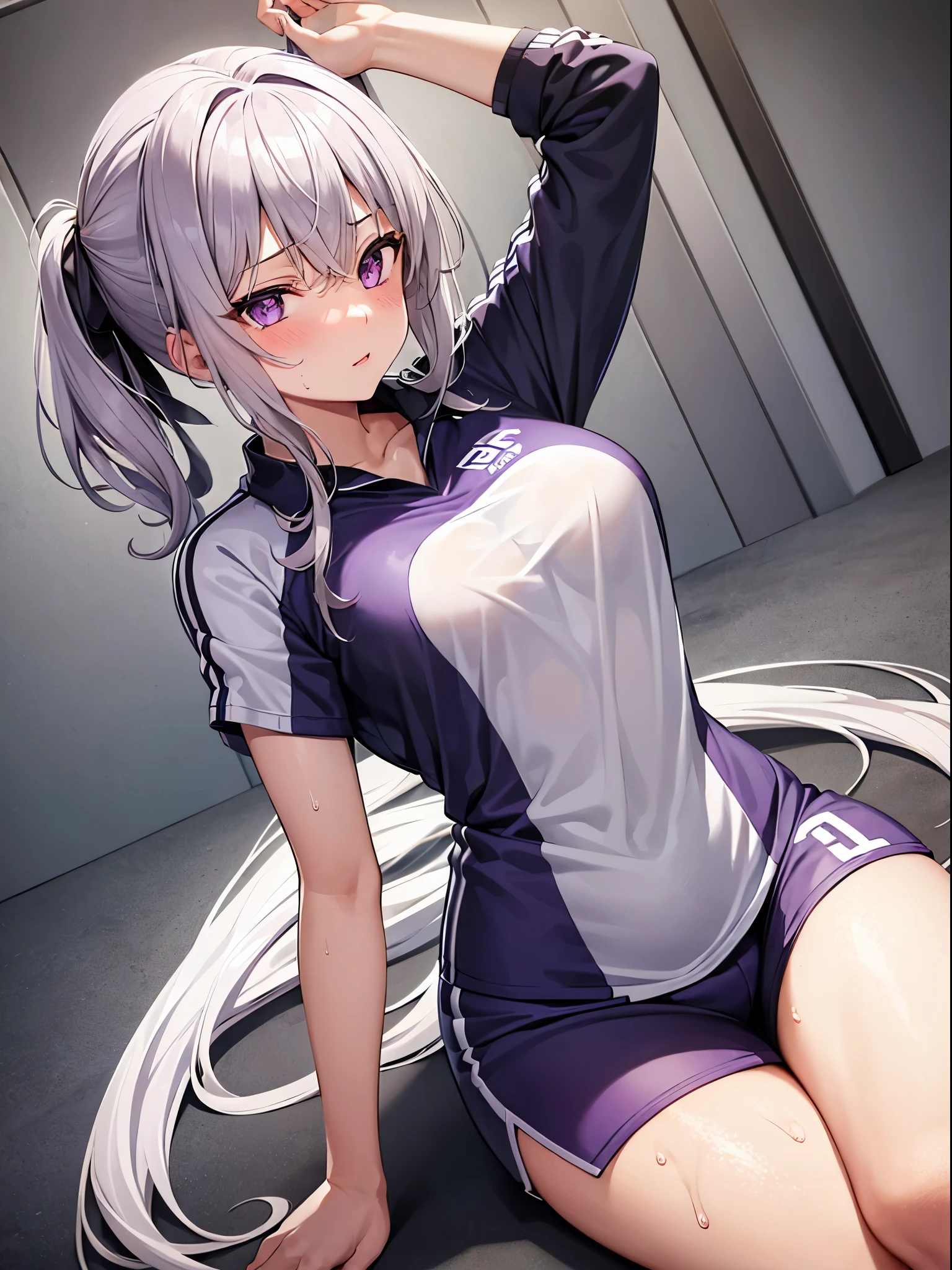 1girl , volleyball uniform, Silver medium hair, purple eyes, cute, blush, medium breasts, sweat, see through