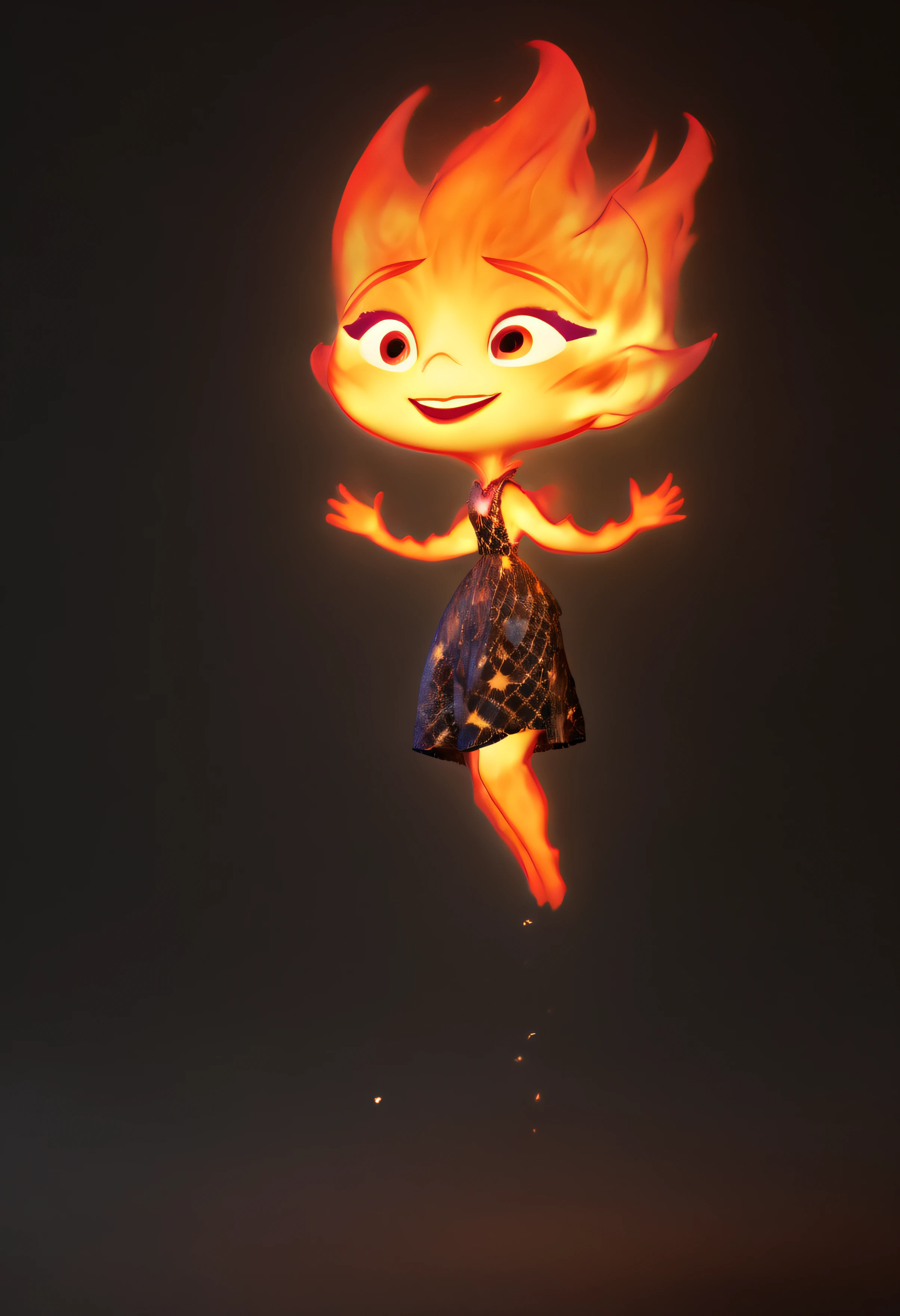 concept art ember lumen, cute small ember, small ember holds a toy star and reaches up with her hand to up, raised hand, stretches upwards, happy, ((excited) ember lumen face), view from the side, three quarters view, highly detailed 3d render, perfect vfx, vivid fire artstyle, black background