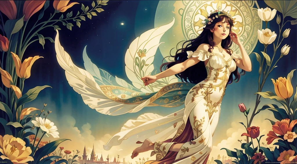 flower fairy, draped in a delicate dress, flying over a tulip, beautiful, art nouveau, alfonse mucha, painted by alfonse muca and gustav klimt
