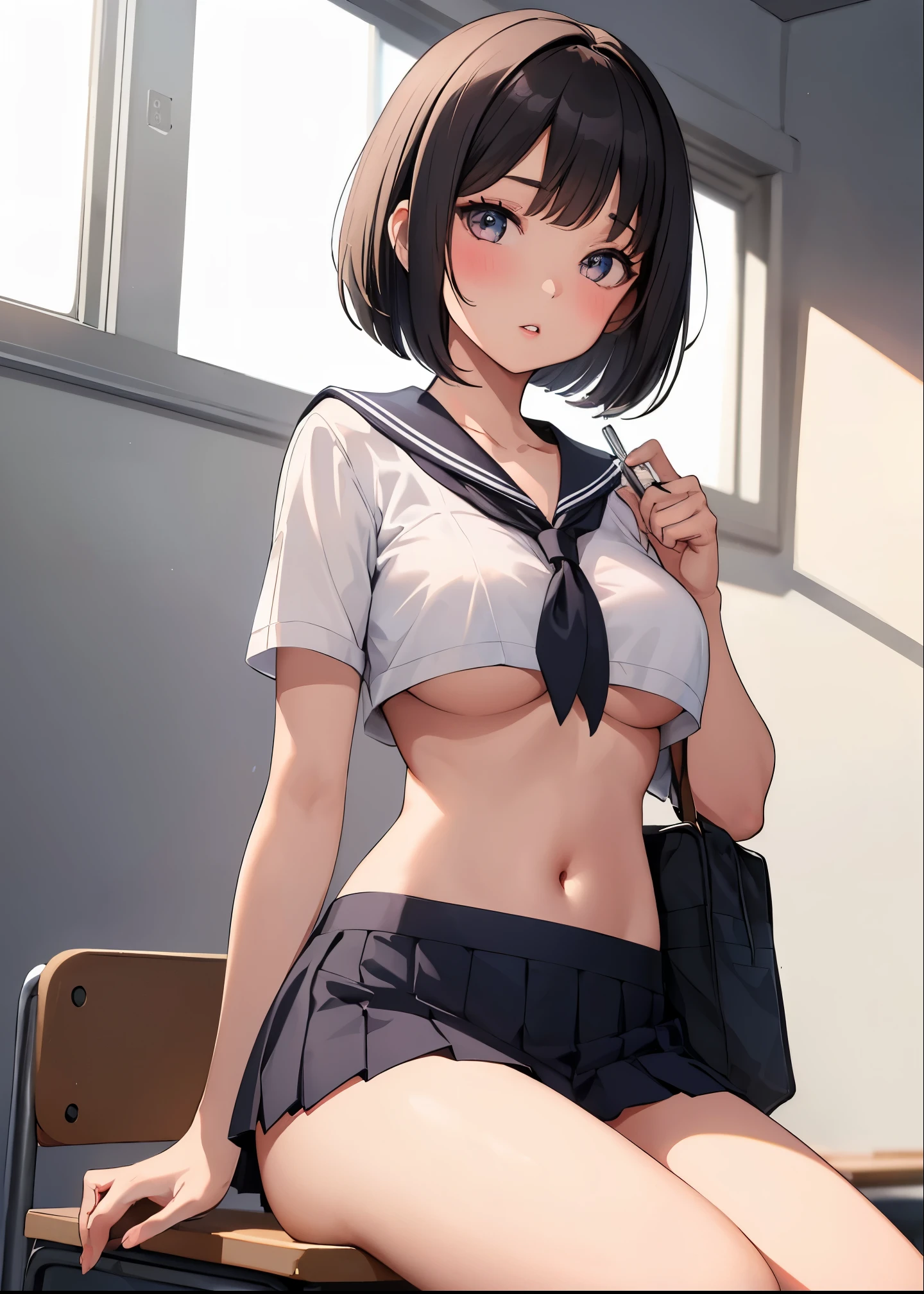 1girl, short hair, bob haircut, parted lips, blush, makeup, provoking, navel, underboob, sitting, school uniform, classroom, school bag, light rays, glow, thighs, collarbone, narrow waist, (masterpiece), wallpaper,