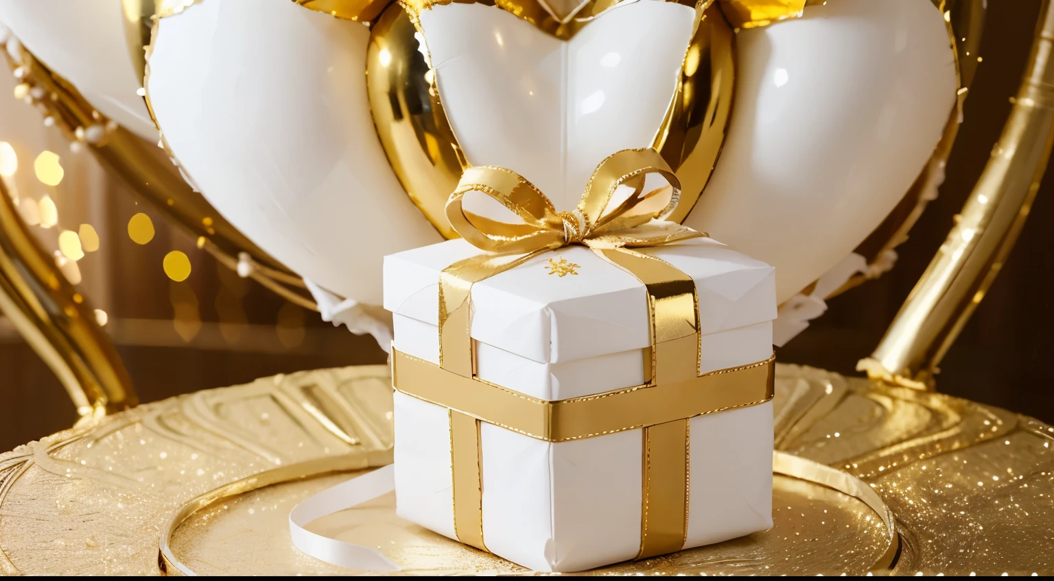 white and gold gift, white gift, luxury, golden ribbon, gold wrapping, bokeh, valentine's day, father's day, mother's day, christmas, birthday gift, fancy present, candles and baloons