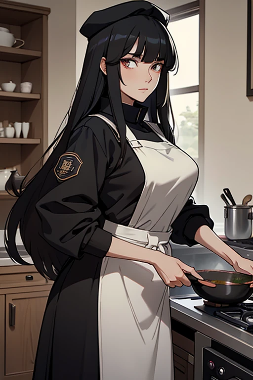 one tall woman、190cm tall、Black long-haired、long bangs、The right eye is hidden、black school cap、black jacket with long hem、sharp eye、Navel Ejection、Wearing an apron、making stew in the kitchen