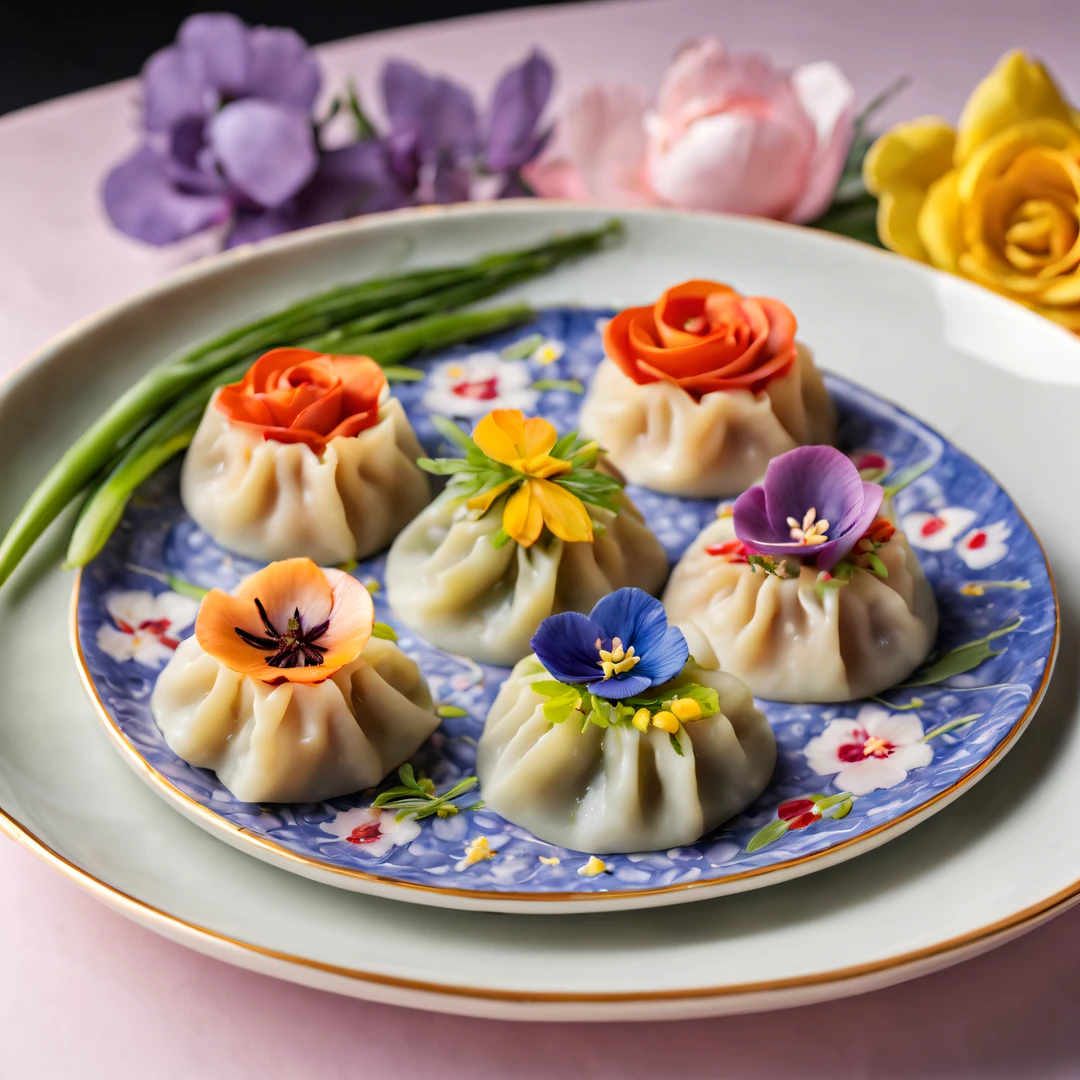 (most exquisite,gourmet,Tasty,artistic:1.2)flower dumplings,colorful edible flowers (such as roses,tulips and violets),handmade dough,Pork and vegetable filling,Dumplings,Served on a rose-patterned porcelain plate,Freshly picked herbs and green onions for garnish,Vibrant and appetizing presentation (artistry:1.1),Natural light emphasizes vibrant colors