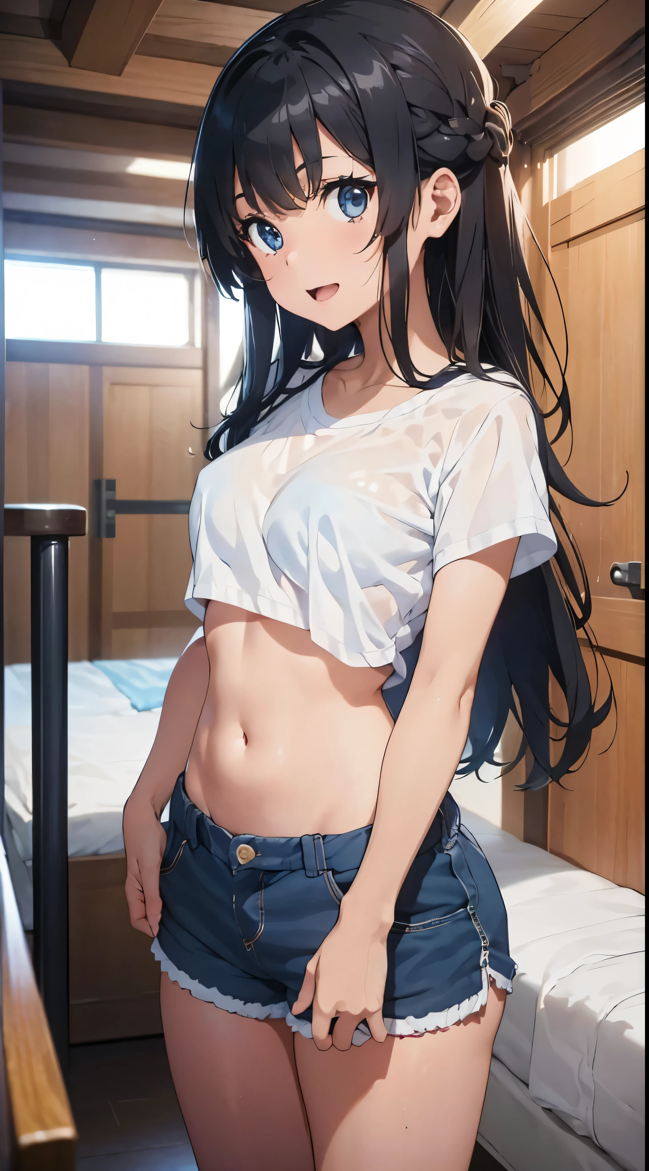 (Official art、Best Quality、Unity 8k Wallpapers、32K、masterpiece、ultra-detailliert、超A high resolution、realisitic、Photorealsitic:1.2)、(Cinematic lighting:1.2)、Fireglow effect、The grainiest shadow of the film、Rim lighting、side lights、sideshot、(ultra-detailliertで複雑な3Dレンダリング)、Detailed beautiful face and eyes、A slender、Medium bust、(Full body:1.2)、 Highly detailed background、beauitful face、blurry backround、16-year-old beautiful girl、(ultra-detailliertなスキン、detailed skin textures:1.3)、A dark-haired、Hip Hop Cable、(thighs thighs thighs thighs:0.8)、Knitted sandals、(((Sea sand beach)))、Smile with open mouth、(Satin Narico),Blue eyes,((White T-shirt with exposed belly button,Blue shorts))(see -through)