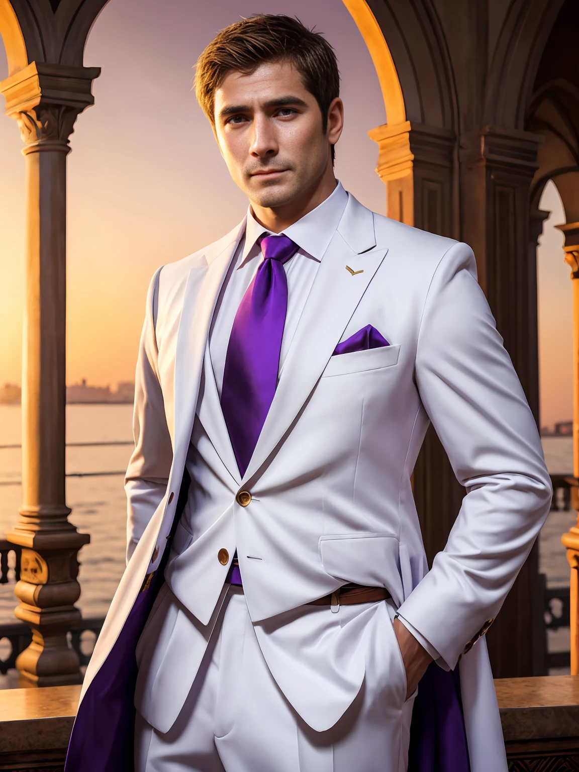 anime.Constantine the Great, Roman Emperor Constantine the Great resurrected in modern times。34 years old。one adult male。Long body。broad shoulder。thick neck。eyes like a lion。Bright and sharp eyes。Looking here。Sincere and kind。Kind and reliable。Deal with it sternly if necessary.。talented and hardworking businessman。successful gentleman。careerist。he is wearing a high quality white suit。dark purple tie。Light purple shirt。forceful。An overwhelming sense of control。romance novel hero。Bold composition。look up to。lyrical。Dramatic。heartful。Romantic。opulent。elegan。elegance。Venice background in the sunset。masterpiece。top-quality。Super beautiful。The ultra -The high-definition。detaileds。exquisite。