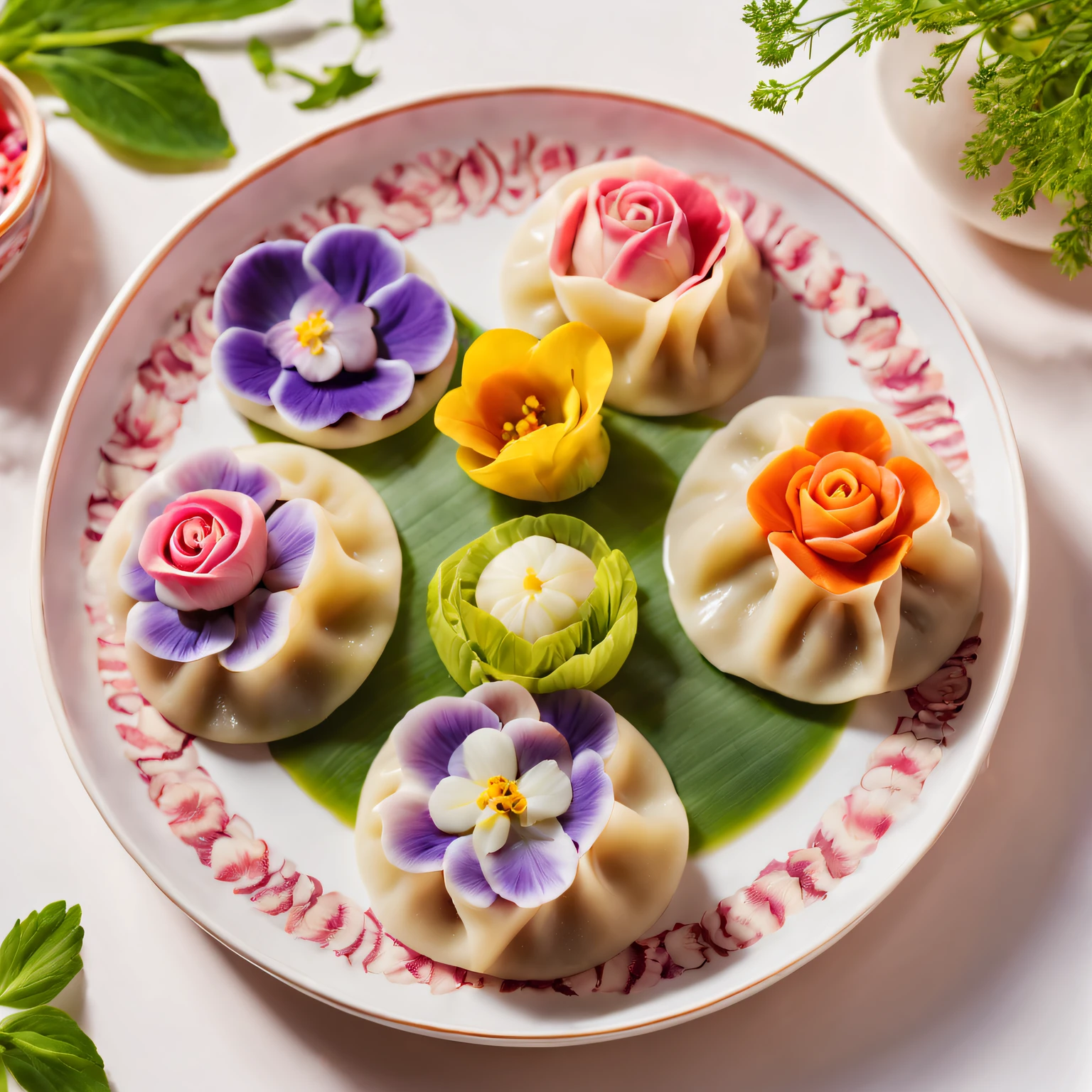 (most exquisite,gourmet,Tasty,artistic:1.2)flower dumplings,colorful edible flowers (such as roses,tulips and violets),handmade dough,Pork and vegetable filling,Dumplings,Served on a rose-patterned porcelain plate,Freshly picked herbs and green onions for garnish,Vibrant and appetizing presentation (artistry:1.1),Natural light emphasizes vibrant colors