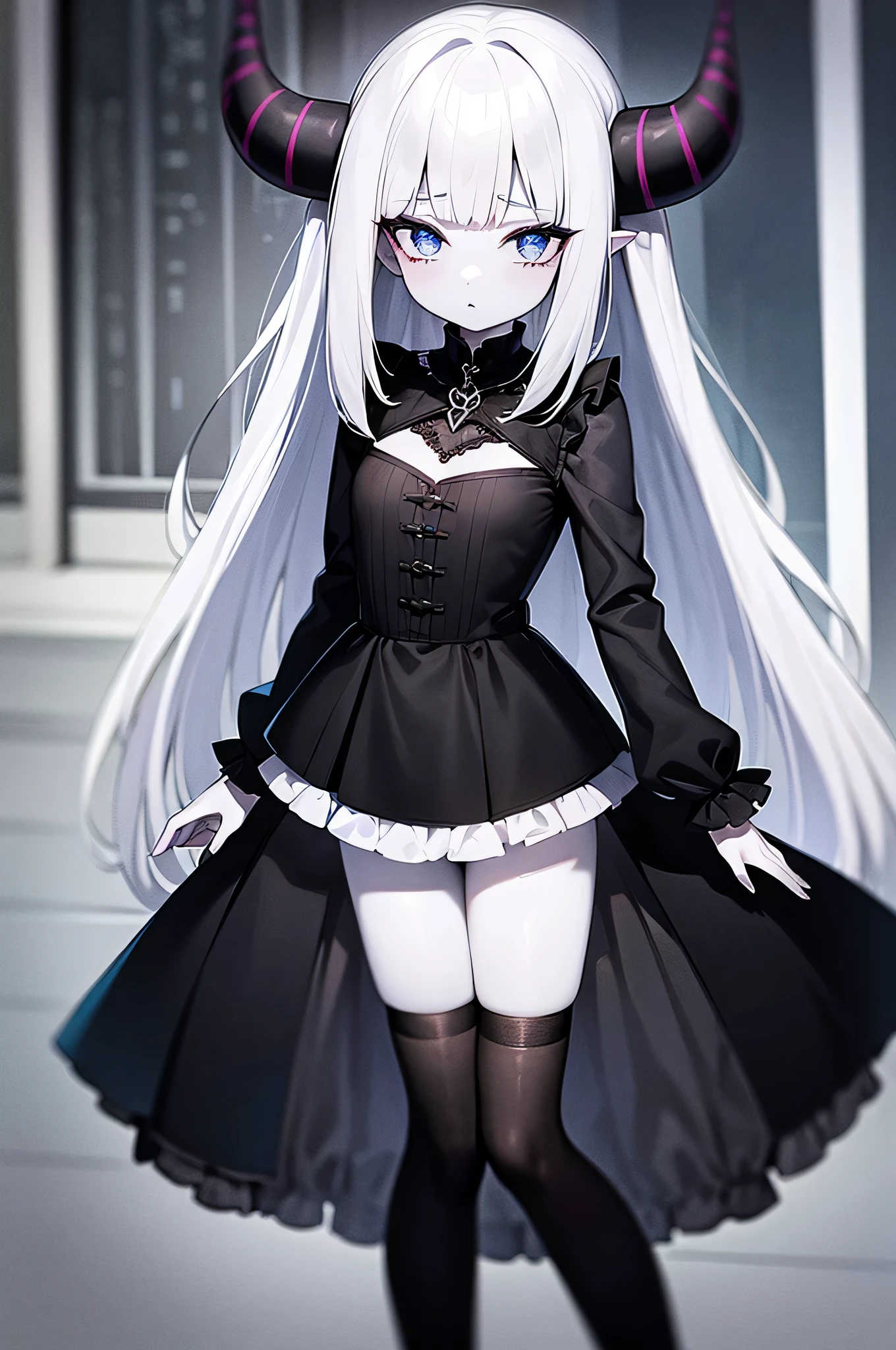 a demon girl with horns and a dress, Goth Outfit, Gothic, Blaue Augen, Blaue Haare, white skin, Kurzer Rock, long stockings, 1Girl, maximal eine Person, Halsband, Nacht, best qulaity, UHD, Detailiert, hight resolution
