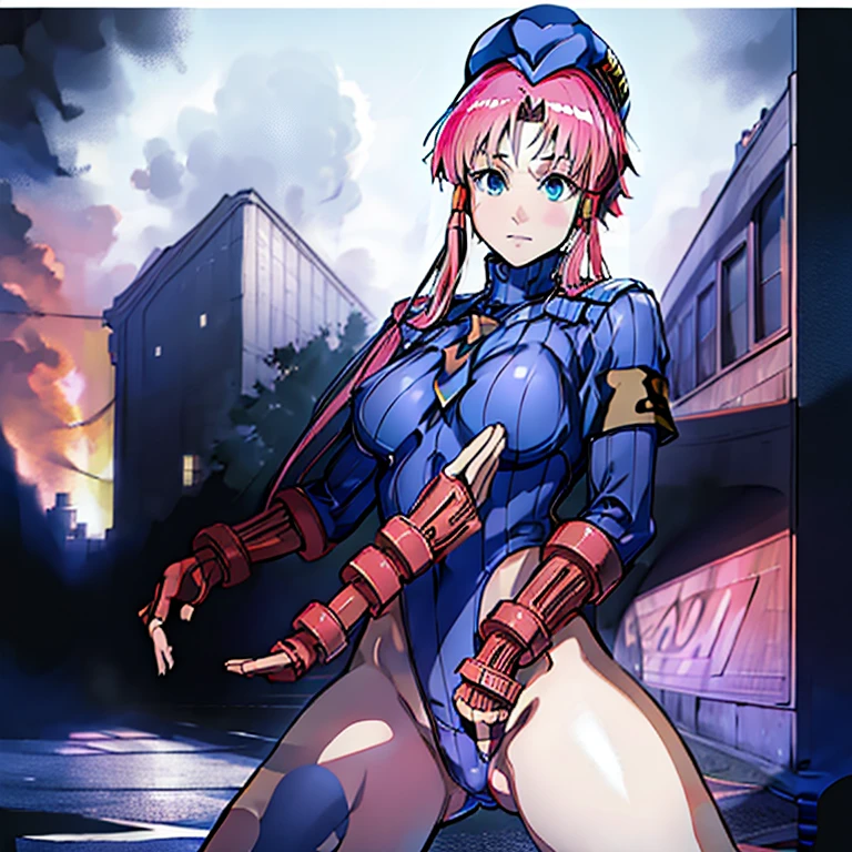 ultra-detailed, Explicit, Beautiful body, Beautiful Nose, Beautiful character design, perfect eyes, perfect face, ultra highres, 4K, beautiful legs, perfect legs, Nice hands, Perfect hand, Masterpiece, Best Quality, Highly detailed, illustration, absurdres, street fighter, doll suit, shadaloo doll, dollsuit, girls, multiple girls, expressionless, blank eyes, looking at viewer, red gloves, emotionless, black latex, corrution, mind control, female combatant, full body, hypnotized, unhappy trance, full body suit, ribbed bodysuit, both arms at side, obey, perfect female body, extremely glossy latex, hypnosis, hypnoLora, empty eyes, Mind control device, poses, submissive_pose, Slave, hat, necktie, stand up straight, standing, standing at attention, hat, necktie, belt, latex, ribbed bodysuit, thighhighs, garter belt, Fighting Stance, extending the right arm from the shoulder into the air with a straightened hand, nazi saluting, military, military saluting, salute, thigh boots, Long hair, pink hair, blue eyes, Mizunashi Akari, Aria, war background, apocalyptic background