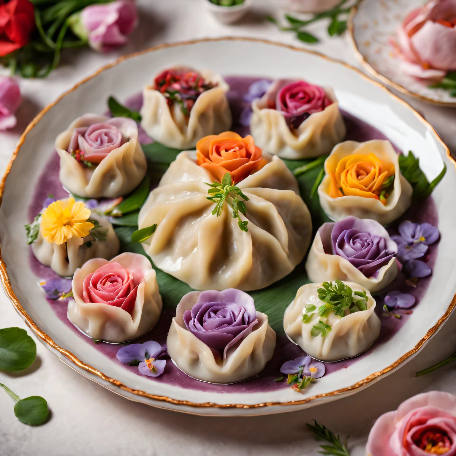 (most exquisite,gourmet,Tasty,artistic:1.2)flower dumplings,colorful edible flowers (such as roses,tulips and violets),handmade dough,Pork and vegetable filling,Dumplings,Served on a rose-patterned porcelain plate,Freshly picked herbs and green onions for garnish,Vibrant and appetizing presentation (artistry:1.1),Natural light emphasizes vibrant colors