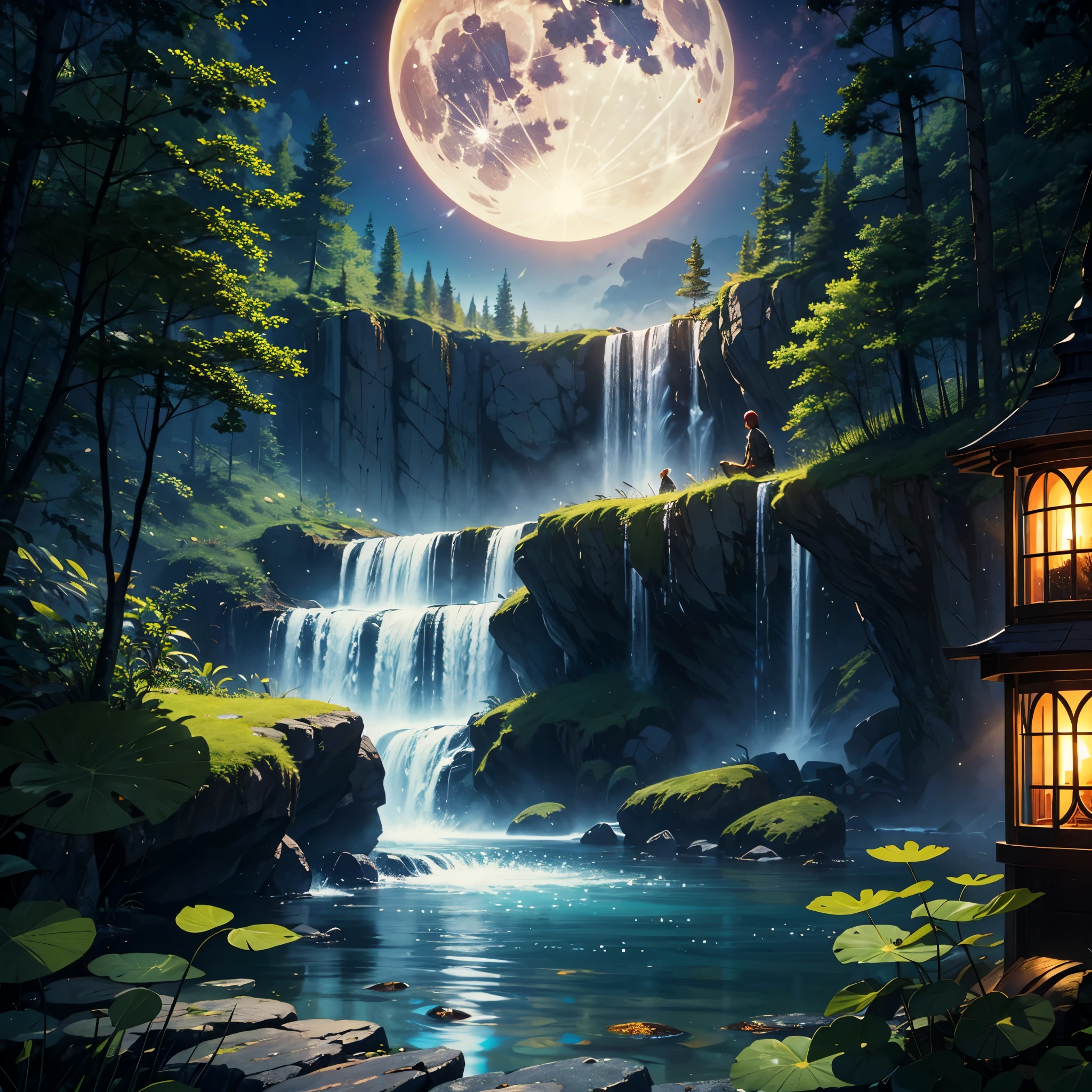 Best Quality、masutepiece、8K、fullmoon、nighttime scene、lotuses:3、starrysky、the woods、bog