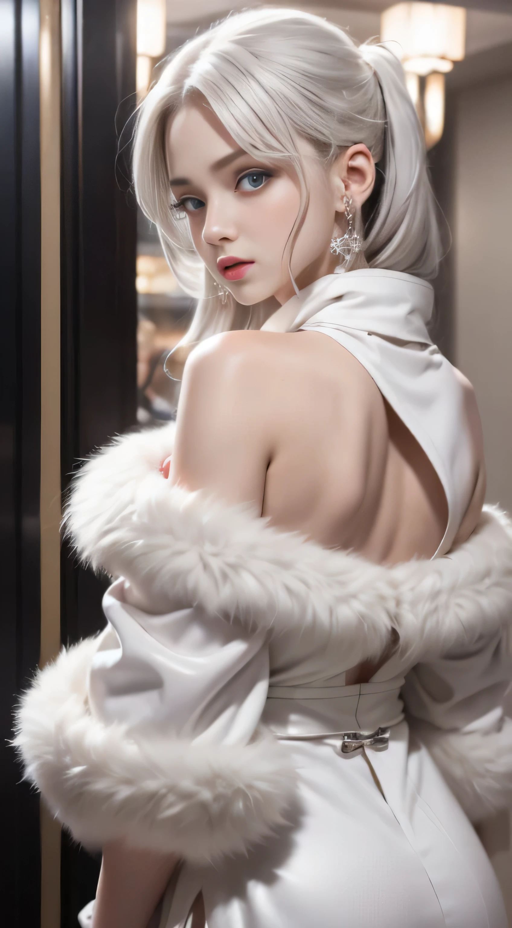 Hotel Party Venue、double whirlwind pattern design garment，Iris heterochromatic pupil，silver-haired girl，free high resolution,off shoulders　white fur coat