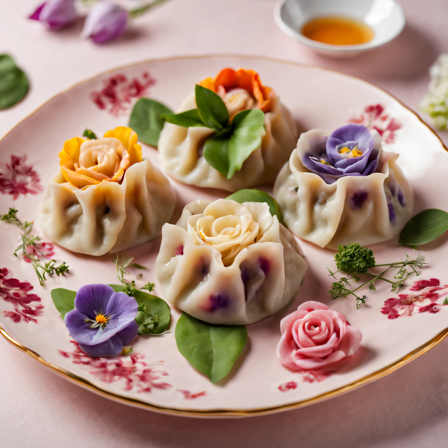 (most exquisite,gourmet,Tasty,artistic:1.2)flower dumplings,colorful edible flowers (such as roses,tulips and violets),handmade dough,Pork and vegetable filling,Dumplings,Served on a rose-patterned porcelain plate,Freshly picked herbs and green onions for garnish,Vibrant and appetizing presentation (artistry:1.1),Natural light emphasizes vibrant colors