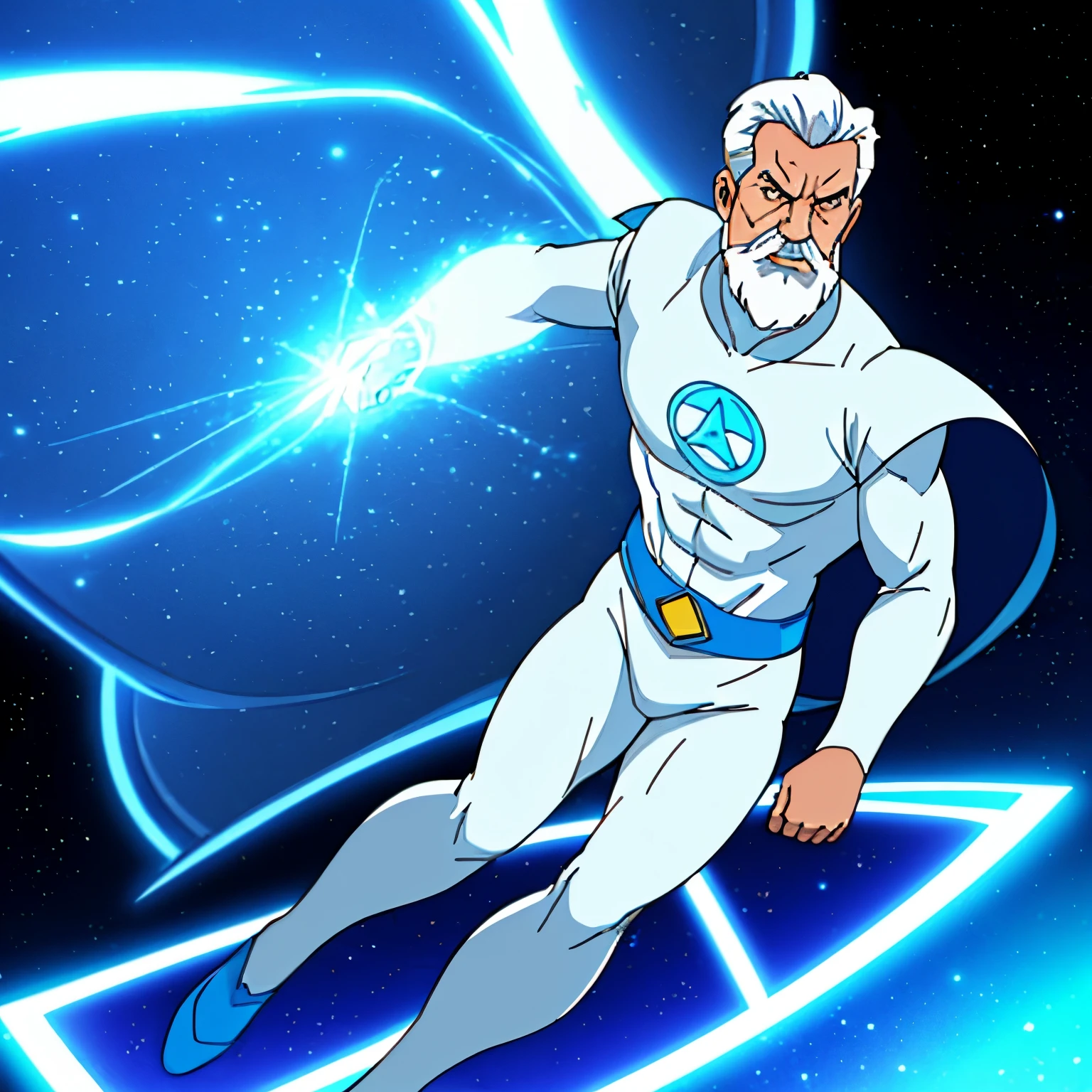 (A full body image of a white-haired old man in white cape, handle bar mustache, wearing skin tight blue superhero costume with a giant L symbol on the chest: 1.2, background in space), (blue and white energy particle effects emitting around)
