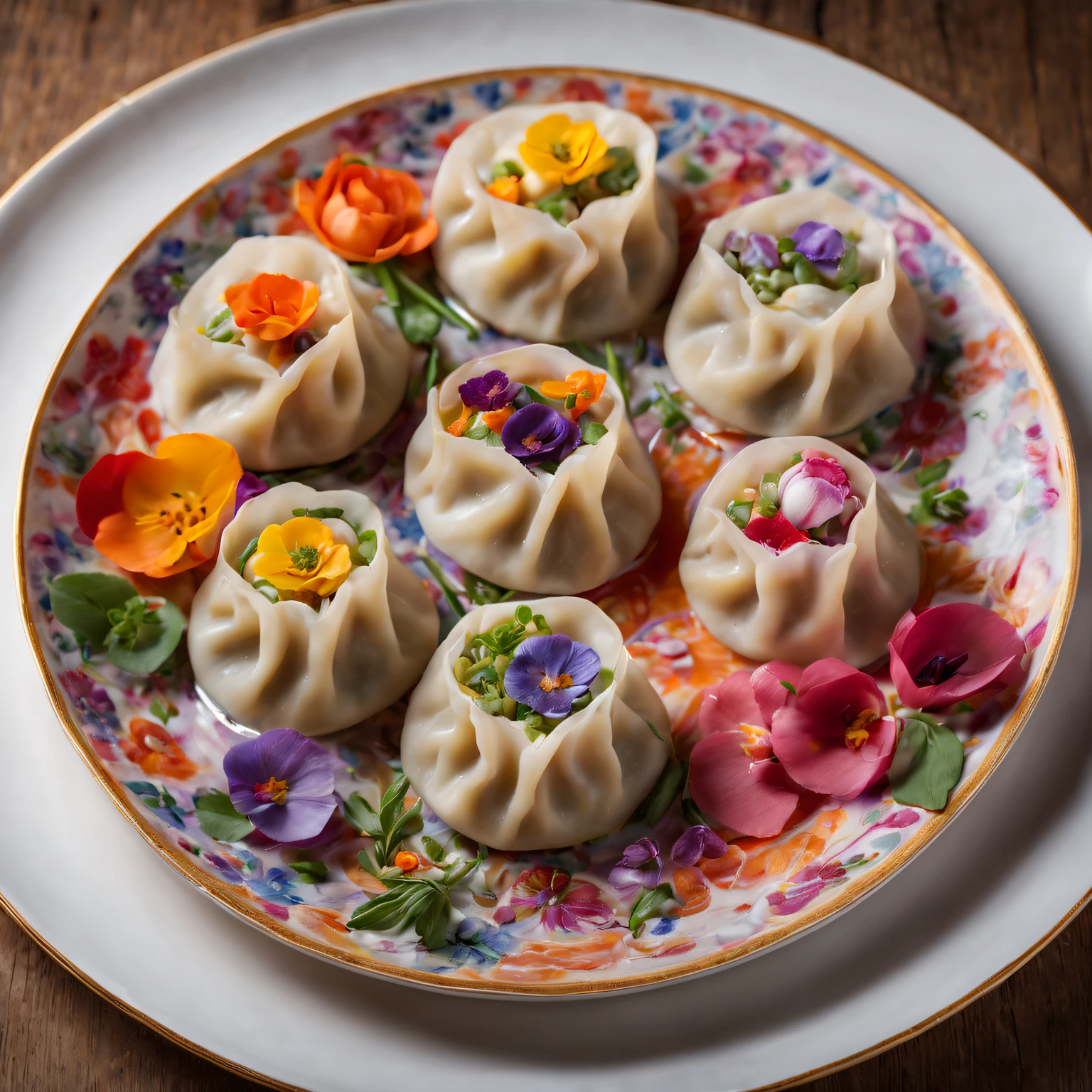 (most exquisite,gourmet,Tasty,artistic:1.2)flower dumplings,colorful edible flowers (such as roses,tulips and violets),handmade dough,Pork and vegetable filling,Dumplings,Served on a rose-patterned porcelain plate,Freshly picked herbs and green onions for garnish,Vibrant and appetizing presentation (artistry:1.1),Natural light emphasizes vibrant colors