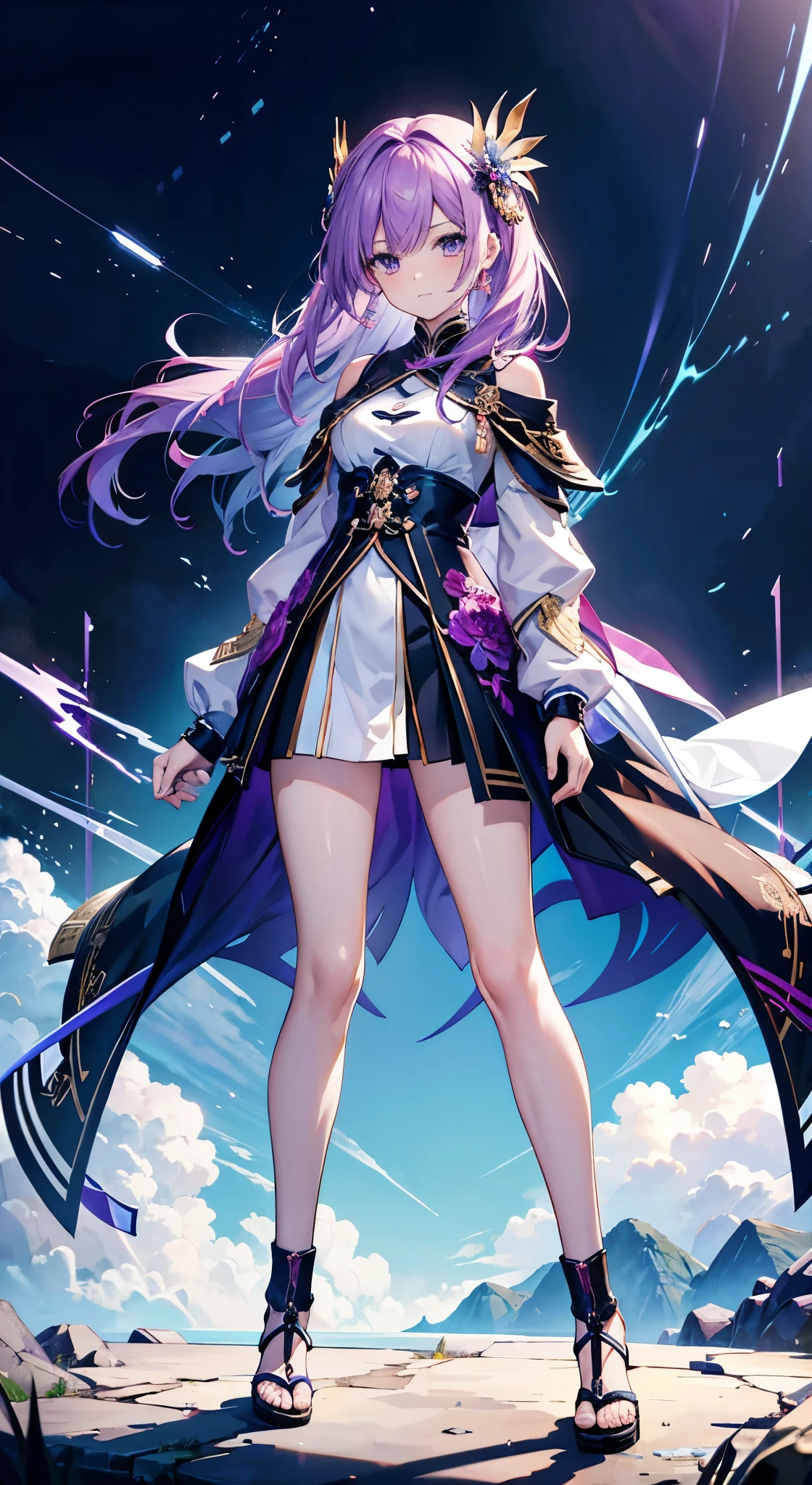 Full body portrait of a beautiful girl with purple hair standing close-up,(Raised sexy:1.5),身穿Raised sexy紫色战斗服紫色短袍,(Slim and long beautiful legs 1.6),Perfect body proportions,Jade hairpin decoration,Detailed clothing patterns,High-definition stereoscopic sense,(The battle scenes are dreamlike and colorful.:1.6),(Rich lightning magic:1.4),(HD Detailed Anime Wallpaper:2.0)
