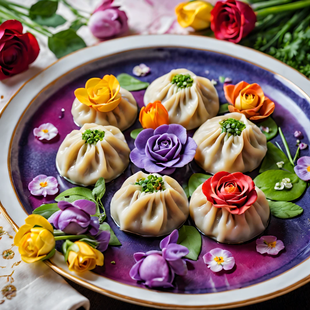 (most exquisite,gourmet,Tasty,artistic:1.2)flower dumplings,colorful edible flowers (such as roses,tulips and violets),handmade dough,Pork and vegetable filling,Dumplings,Served on a rose-patterned porcelain plate,Freshly picked herbs and green onions for garnish,Vibrant and appetizing presentation (artistry:1.1),Natural light emphasizes vibrant colors