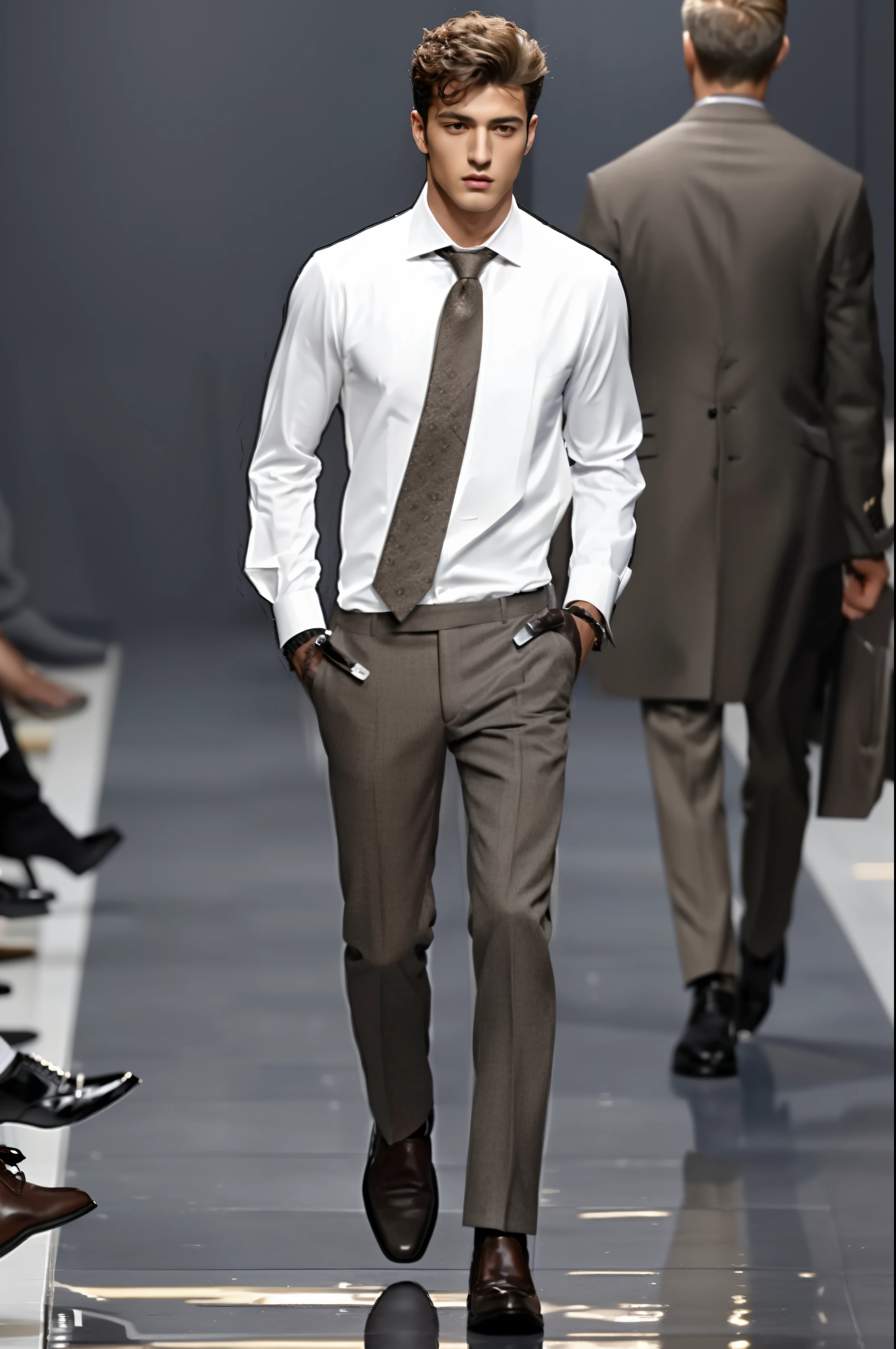 arafed male model in a white shirt and brown tie walking down a runway, masculine appeal high fashion, men's fashion, male model, wearing a stylish men's suit, louis vuitton suit, wearing fashion suit, grey pants and black dress shoes, fashion model, stylish suit, wearing wool suit, masculine proportions, corporate style, gray men, 3-piece-suit