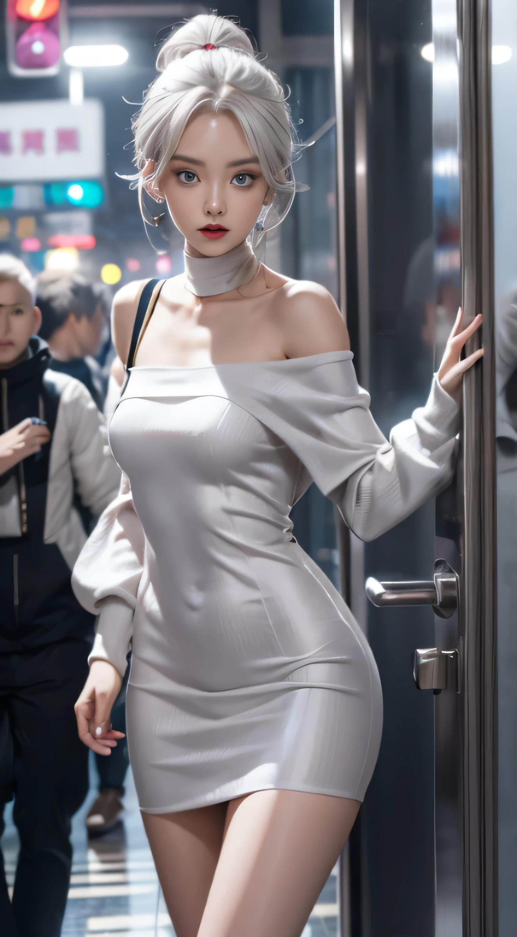 double whirlwind pattern design garment，Iris heterochromatic pupil，silver-haired girl，free high resolution,off shoulders、