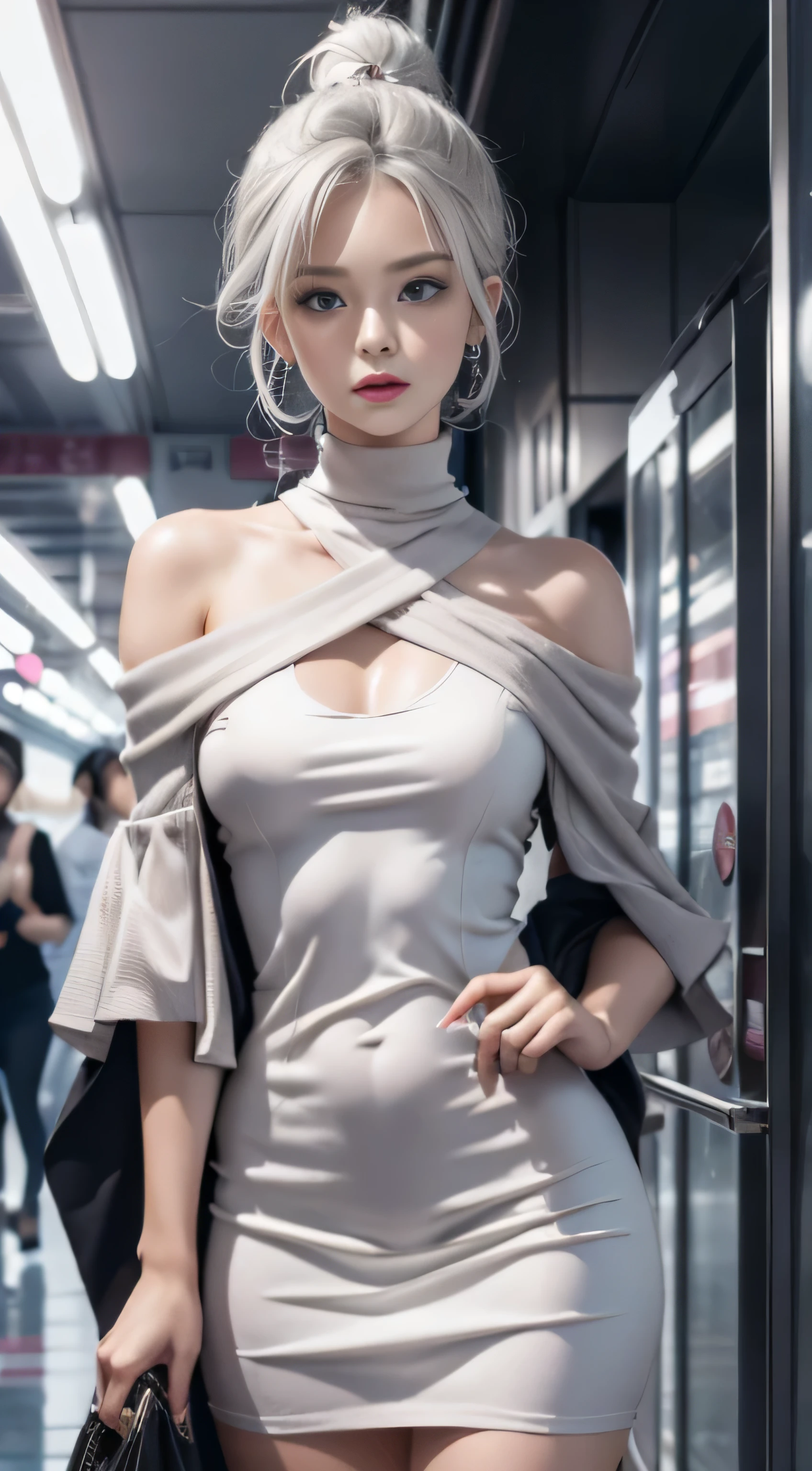 double whirlwind pattern design garment,Iris heterochromatic pupil,silver-haired girl,free high resolution,off shoulders、