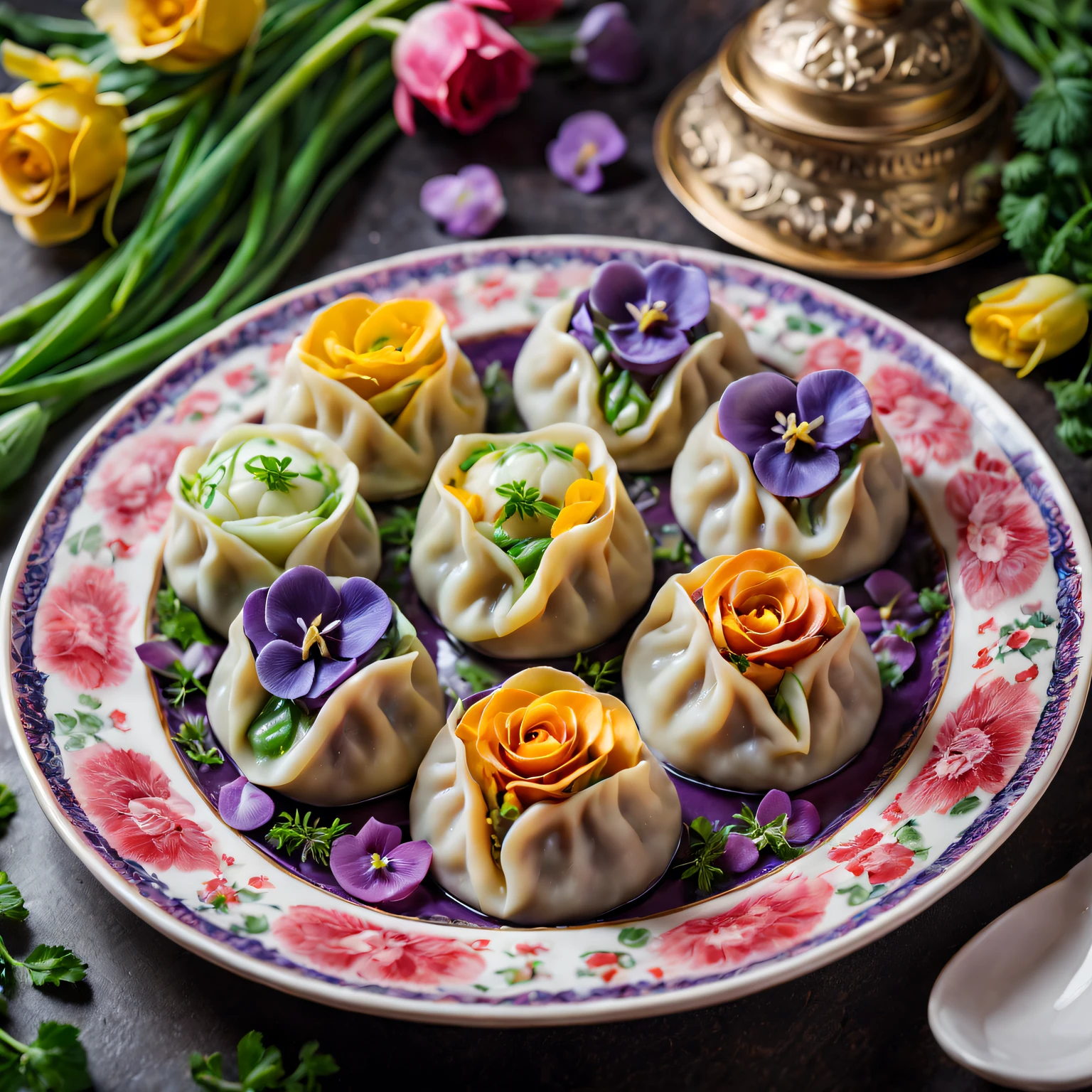 (most exquisite,gourmet,Tasty,artistic:1.2)flower dumplings,colorful edible flowers (such as roses,tulips and violets),handmade dough,Pork and vegetable filling,Dumplings,Served on a rose-patterned porcelain plate,Freshly picked herbs and green onions for garnish,Vibrant and appetizing presentation (artistry:1.1),Natural light emphasizes vibrant colors