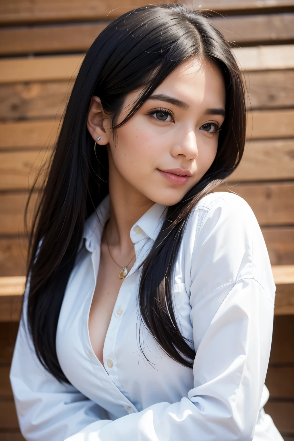 ((Obra maestra, La mejor calidad)), (1girl), (solamente), (Enfoque femenino), (Ahoge, cana, Pelo muy largo), Ojos dorados, sonrisa ligera, boca abierta, ((Camisa blanca), (blue plastic jacket), (Camisa desabotonada), (Espacio entre botones)), ((micro falda blanca), (falda corta)), En pie, fondo blanco, arms behind back, Dynamic Angle, mixed thai and american