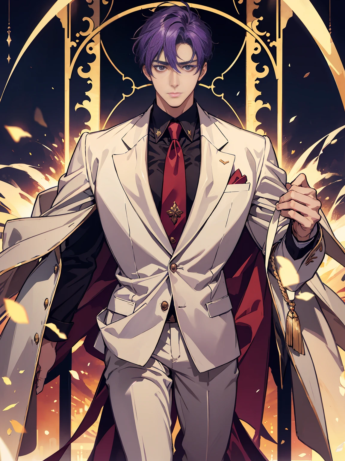 anime.Constantine the Great, Roman Emperor Constantine the Great resurrected in modern times。34 years old。one adult male。Long body。broad shoulder。thick neck。eyes like a lion。Bright and sharp eyes。Looking here。Sincere and kind。Kind and reliable。Deal with it sternly if necessary.。talented and hardworking businessman。successful gentleman。careerist。he is wearing a high quality white suit。dark purple tie。Light purple shirt。forceful。An overwhelming sense of control。romance novel hero。Bold composition。look up to。lyrical。Dramatic。heartful。Romantic。opulent。elegan。elegance。Venice background in the sunset。masterpiece。top-quality。Super beautiful。The ultra -The high-definition。detaileds。exquisite。
