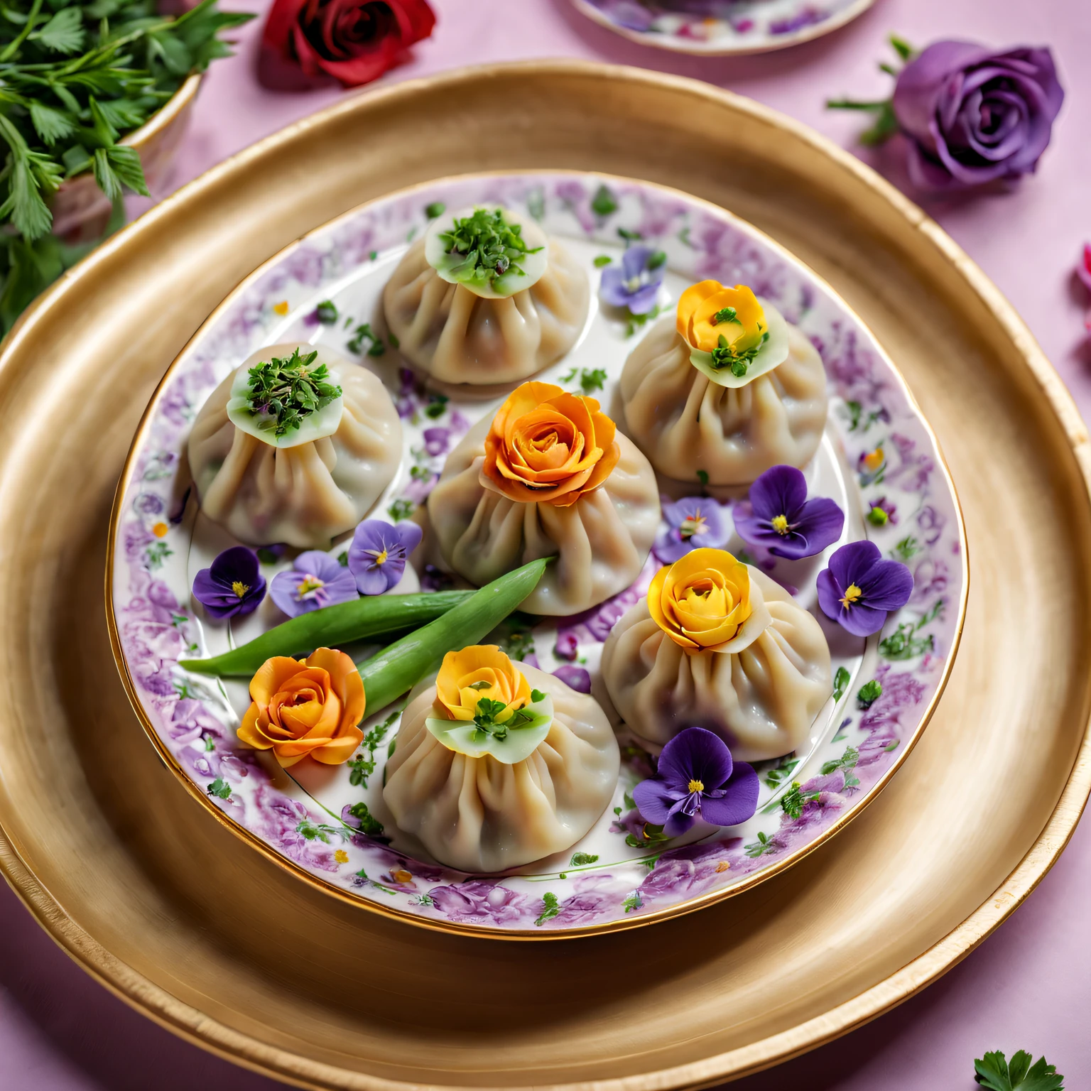 (most exquisite,gourmet,Tasty,artistic:1.2)flower dumplings,colorful edible flowers (such as roses,tulips and violets),handmade dough,Pork and vegetable filling,Dumplings,Served on a rose-patterned porcelain plate,Freshly picked herbs and green onions for garnish,Vibrant and appetizing presentation (artistry:1.1),Natural light emphasizes vibrant colors