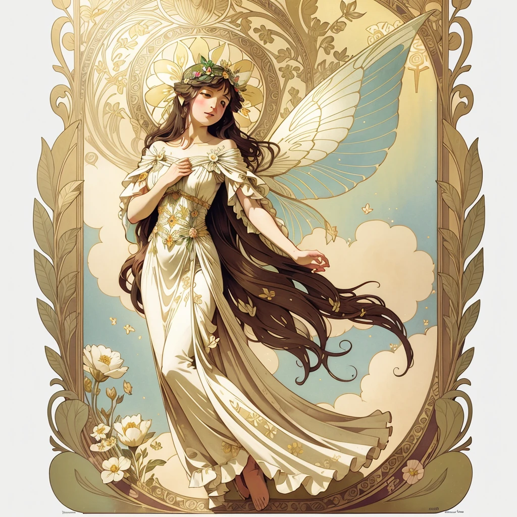 flower fairy, draped in a delicate dress, flying over a tulip, beautiful, art nouveau, alfonse mucha, painted by alfonse muca and gustav klimt
