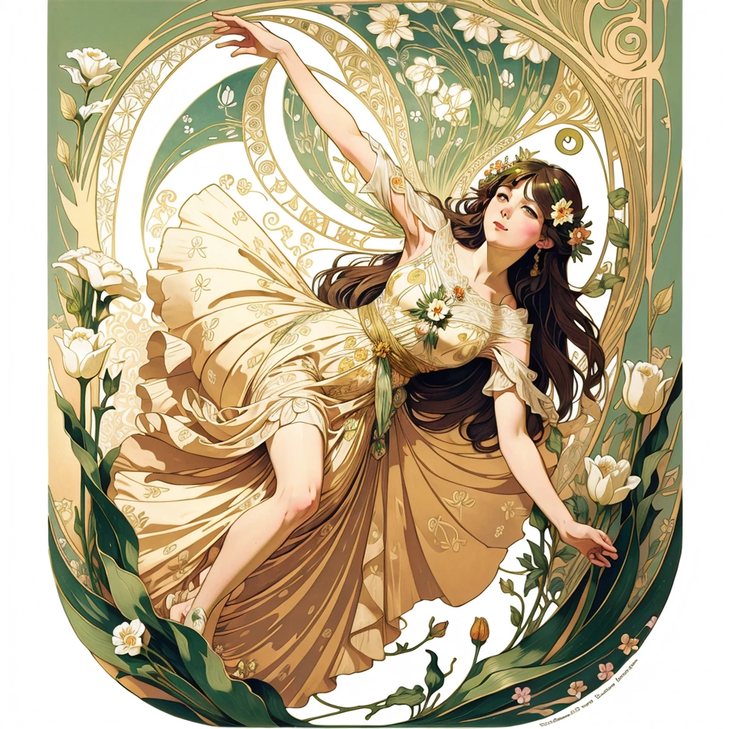 flower fairy, draped in a delicate dress, flying over a tulip, beautiful, art nouveau, alfonse mucha, painted by alfonse muca and gustav klimt