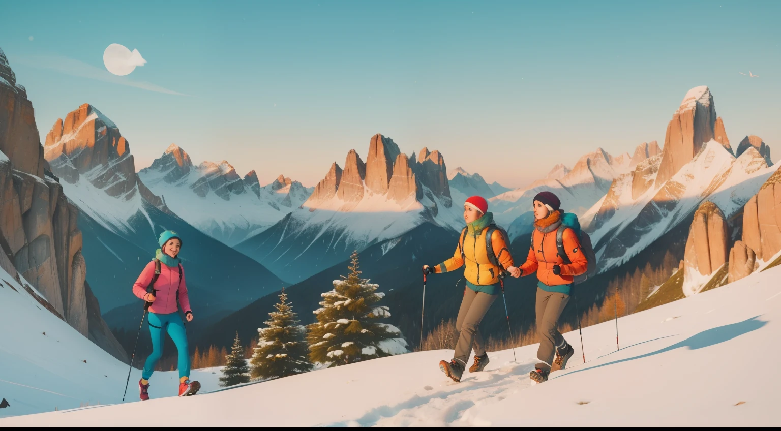 Year: 2023. Activity: Hiking the Dolomites, Italy.
Description: Against a backdrop of pastel-colored mountains, characters in perfectly coordinated hiking attire navigate the snowy trails. Anderson's fondness for symmetry and vibrant yet muted colors defines this picturesque scene.