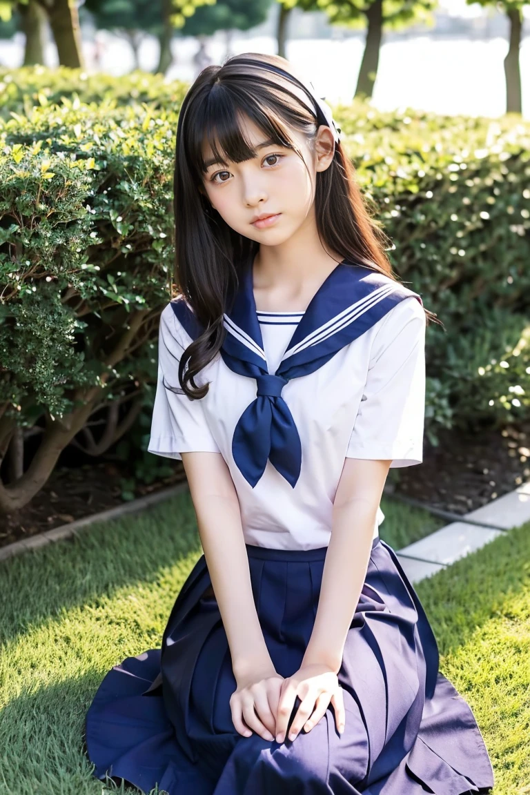 lawn、((Two beautiful Japan girls))、Two beautiful girls、Cute same school uniform、Navy blue sailor uniform、15yo student、Wistful expression、With bangs、Tall、Black straight semi-long hair、((Long skirt to hide the knees))、((long navy skirt))、early evening、the wind、Thin leg、Standing、put strength into your body、Short Bob、