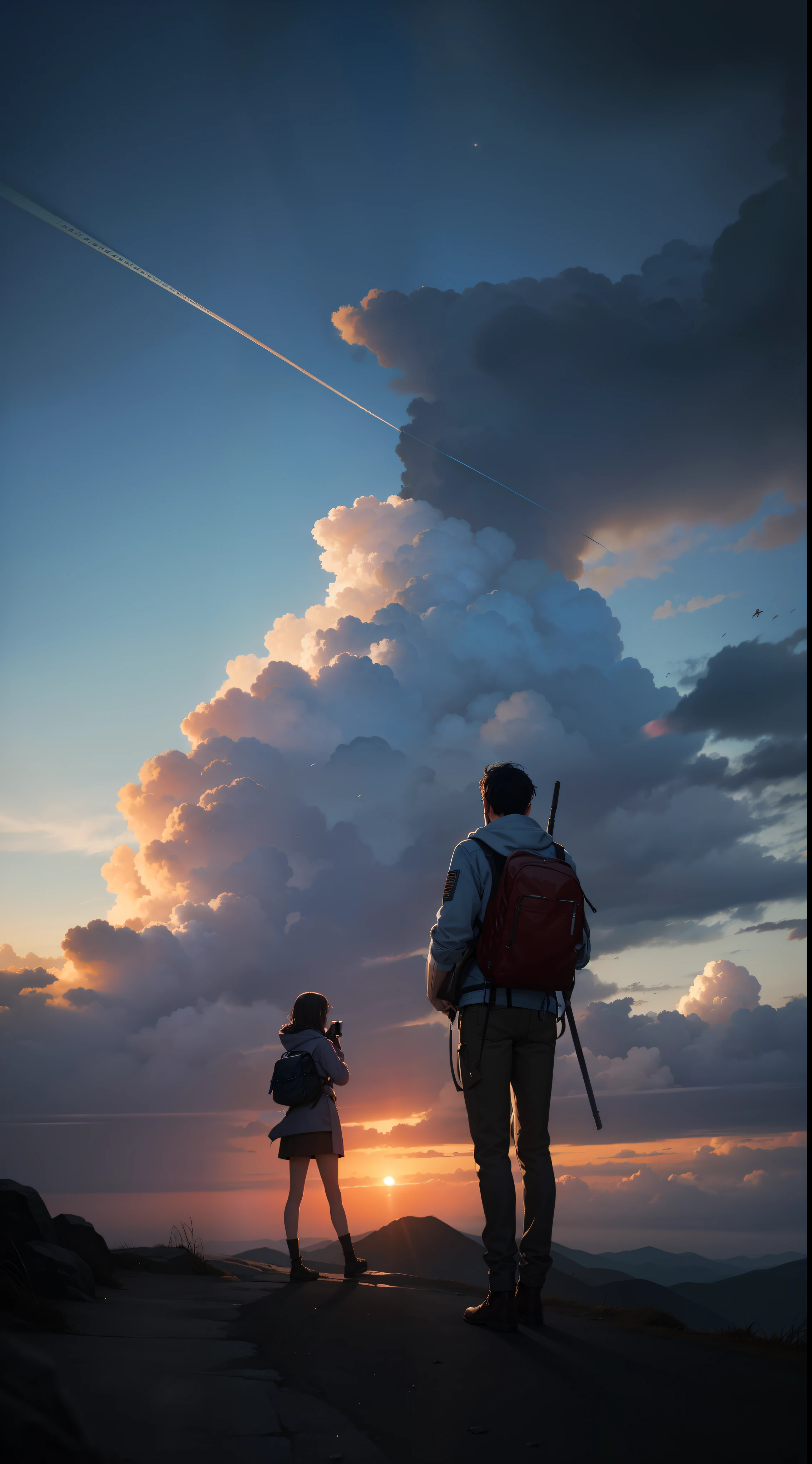 ethereal, magic, lofi, sky, beautiful colors, atmospheric, cinematic, shot from faraway, men as adventurer