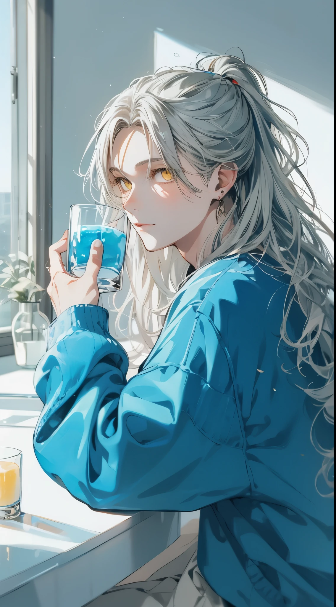 Beautiful young man, white, very long hair, yellow eyes, ponytail, bright blue sweater, sitting on white counter chair, white background, holding glass with blue drink, shadow,high quality, amount of drawing, pixiv illustration