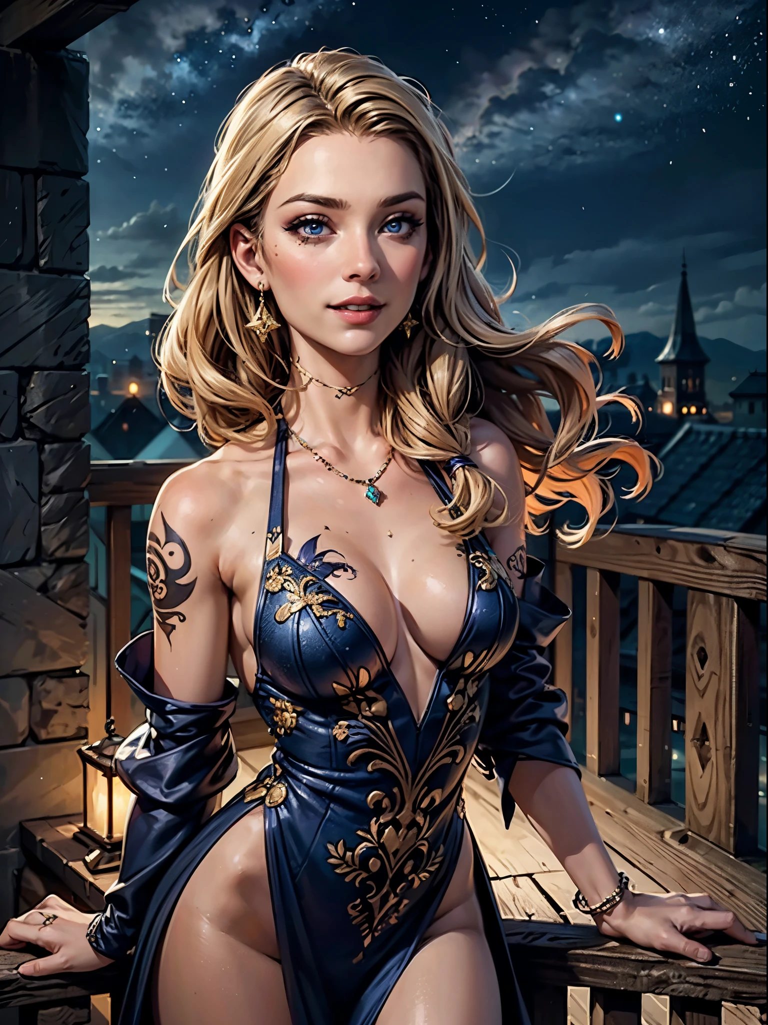 8k RAW professional photo of beautiful ntdr woman in medieval gown, cleavage, stunning beautiful woman,(extreme medium long shot),astrophotography, blond hair, on a balcony with a starry sky, medieval city in background, necklace, jewelry, princess, beautiful face,makeup, amazing eyes, expressive features (masterpiece), (extremely intricate:1.3),(realistic), dslr, soft lighting, high quality, film grain, Fujifilm XT3,sharp focus, tattoo, neon, fog, slim smile face,tattoo,