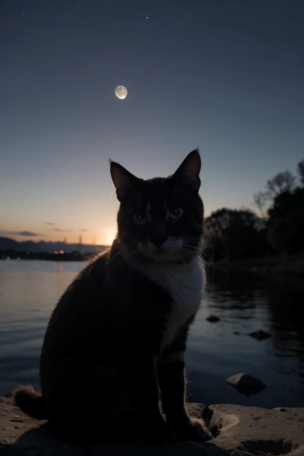 Un chat sur la lune, la lune est phosphorescente, le chat est noir dans la nuit, on voit juste sa silhouette
