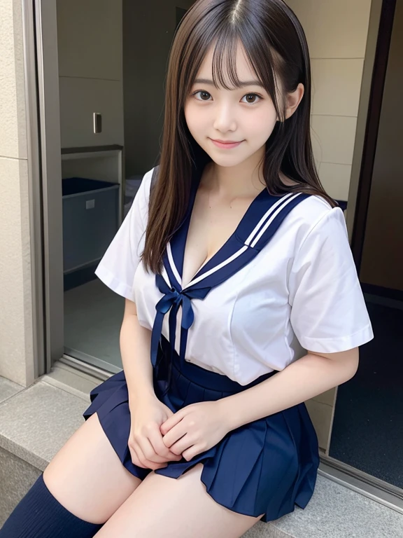 japanes、girl with、1人、sixteen years old、A dark-haired、length hair、poneyTail、High school students、high-school uniform、a sailor suit、やぶけた白いa sailor suit、Lace underwear is visible on her exposed chest.、shortsleeves、cleavage of the breast、Dark blue mini skirt、thighs thighs thighs thighs、knee sox、tiny chest、Gentle smile、lightly dressed、Skin revealing