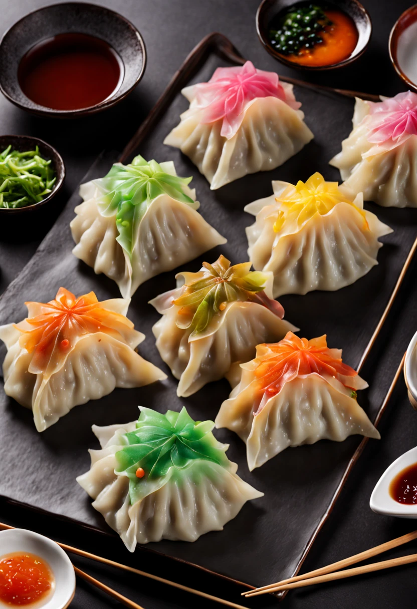Make dragon-shaped gyoza:A dragon seen from the side is breathing fire,artistic dumplings,beautiful lighting,Thin and  gyoza skin,The layered skin expresses the scales of a dragon.,delicately and boldly,Meals served to royalty,How wonderful,​masterpiece
