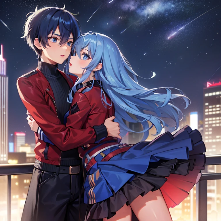 A girl with bright blue eyes and hair affectionately kissing a boy with short black hair on the lips, ojos marrones, lentes, red jacket with a night city behind them and shooting stars in the sky