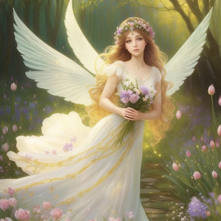 flower fairy,delicate dress,tulip,beautiful,art nouveau,alfonse mucha,gustav klimt,soft color palette,natural light,dreamy ambiance,detailed wings,ethereal glow,decorative patterns,fantasy scenery,light and airy composition,painterly style,harmonious brushstrokes,magical atmosphere,playful and whimsical,graceful flight,serene expression,beauty in nature,romantic vibe,graceful posing,flowing hair,lush garden background,vibrant flowers,enchanted garden,colorful petals,fantasy world,elegant charm,ethereal beauty,visual storytelling,subtle details,ethereal costume,artistic interpretation,mystical realm,vivid colors,vibrant flora