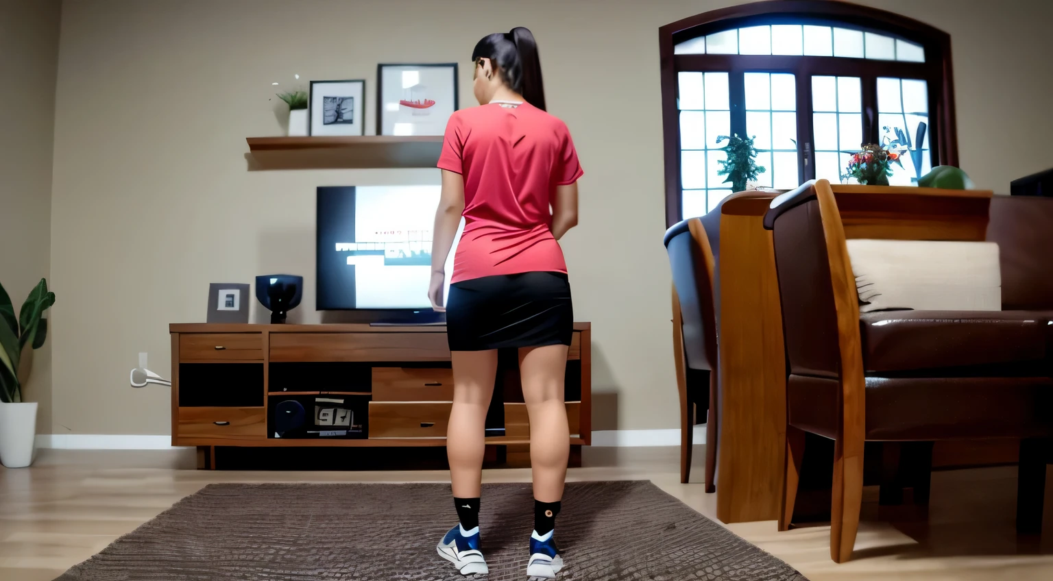 there is a woman standing in a living room playing a video game, centered full body rear-shot, waist reaching ponytail, side view of her taking steps, long shot from back, long shot from the back, back - shot, medium shot taken from behind, back pose, full growth from the back, hunched shoulders, back and standing