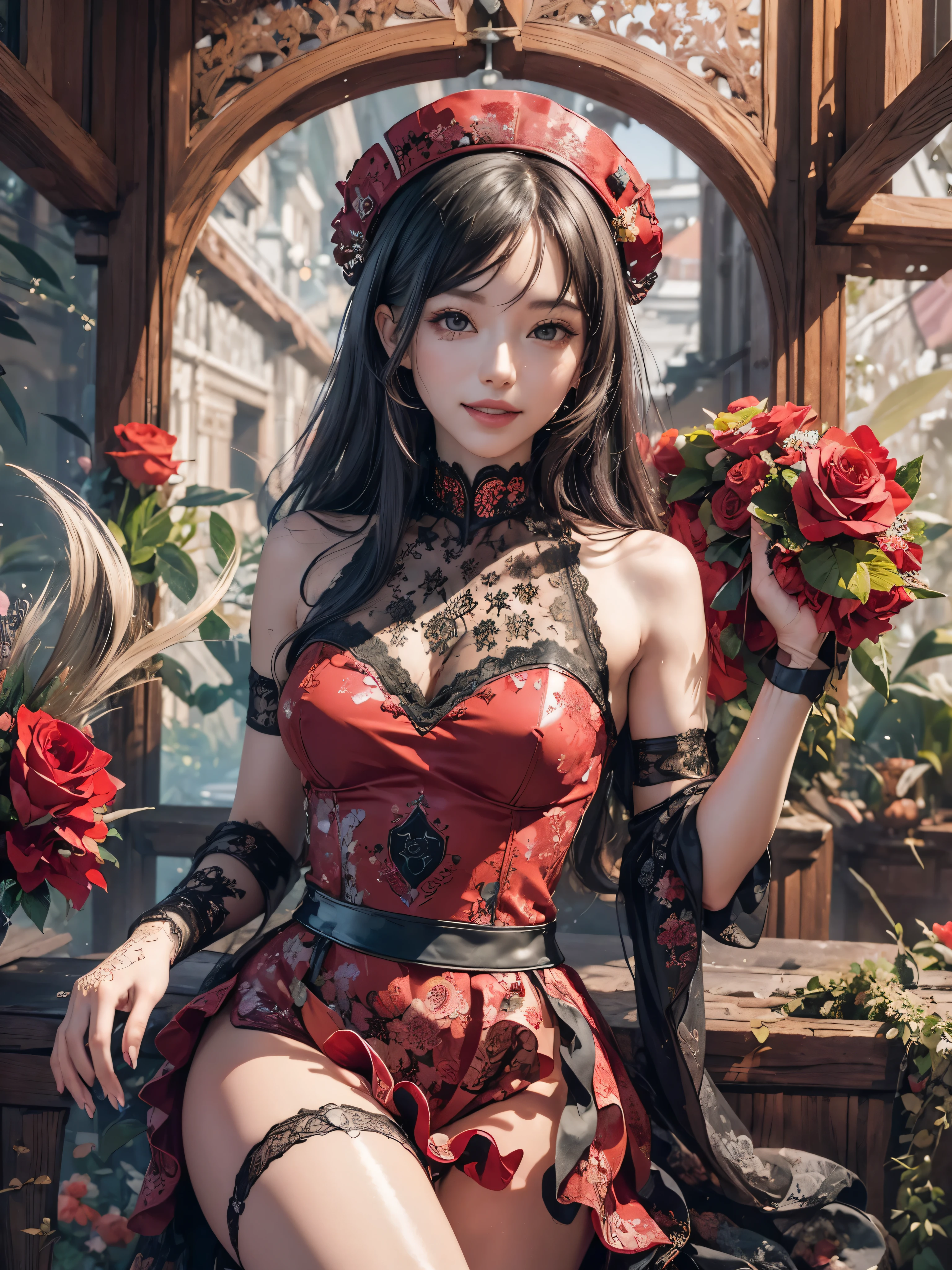(Digital art, fractal art, official art, beautiful and aesthetic, ultra detailed, beautiful, masterpiece, best quality:1.8), (1girl:1.2), Detailed face, Detailed eyes, Detailed hair, Detailed fingers, five fingers,
_
BREAK cute ig model, Japanese cute model, 22 years old, Tightened body, small head, small face, small mouth, diamond Face, small nose, Sharp Faceline, smile,Teeth, (dropy eyes, Double eyelid, Light color eyes, Moist eyes, Shiny eyes:1.2), Shiny hair, Shiny skin,
_
BREAK (happy, smile, Teeth), beautiful Teeth, 
BREAK (Royal:1.4), (red and black theme:1.5), ((red) bucket hat with rose corsage:1.4), (fusion of black high neck crop top and latex (red bustier):1.4), ((floral lace, see-through):1.3), ((sleeveless, bare shoulders):1.3), (red tiered skirt with black ruffles:1.4), ((ultra long gloves) with floral lace:1.3), (wrap a (cat garter) around thighs:1.4), ((red:1.3) platform HIGH boots:1.1),