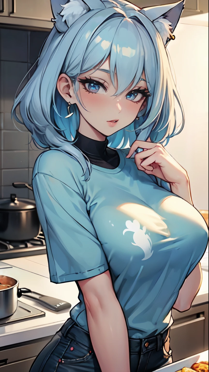 Masterpiece, beautiful art, professional artist, 8k, art style by sciamano240, very detailed face, very detailed hair, 1girl, perfectly drawn body, beautiful face, long hair, light blue hair , very detailed blue vertical cat eyes, pouty lips , rosey cheeks, intricate details in eyes, wearing cozy tshirt, mom jeans, jordans, earrings, wearing a wedding ring, in love with the viewer expression, smiling , in the kitchen preparing a meal, hands on counter, close up on face,