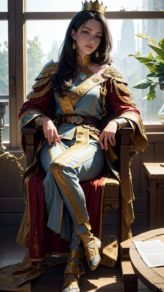 (best quality,4k,8k,highres,masterpiece:1.2),ultra-detailed,(realistic,photorealistic,photo-realistic:1.37),HDR,UHD,studio lighting,ultra-fine painting,sharp focus,physically-based rendering,extreme detail description,professional,vivid colors,bokeh,king,throne,long sword,crown,royalistic cloth,window,royalistic thing