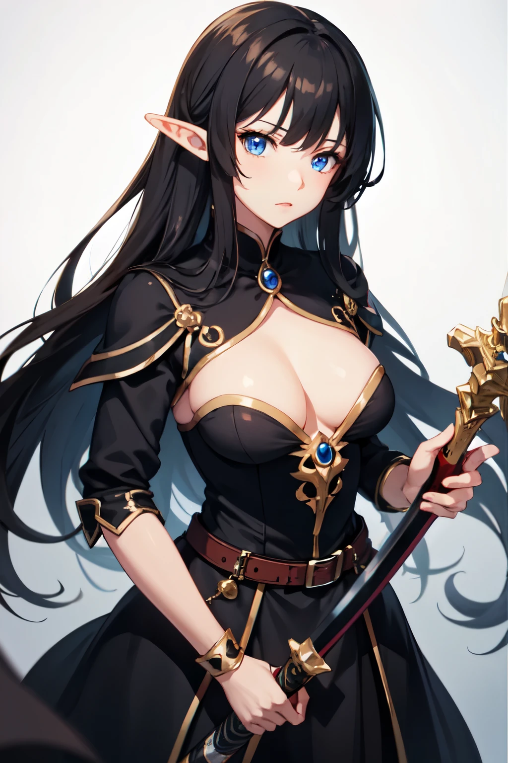 ((best quality)), ((master part)), (circunstanciado), rosto perfeito, elves, anime girl, black dress, long black hair, sword, shild, warrior, dark, blue eyes