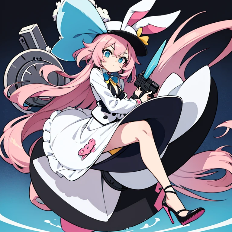 Blue Archive art style, a ite anime girl, long pink hair, white and black bunny girl suit, holding a hat with one hand and a yellow-black colored machine gun in the other, black high heels